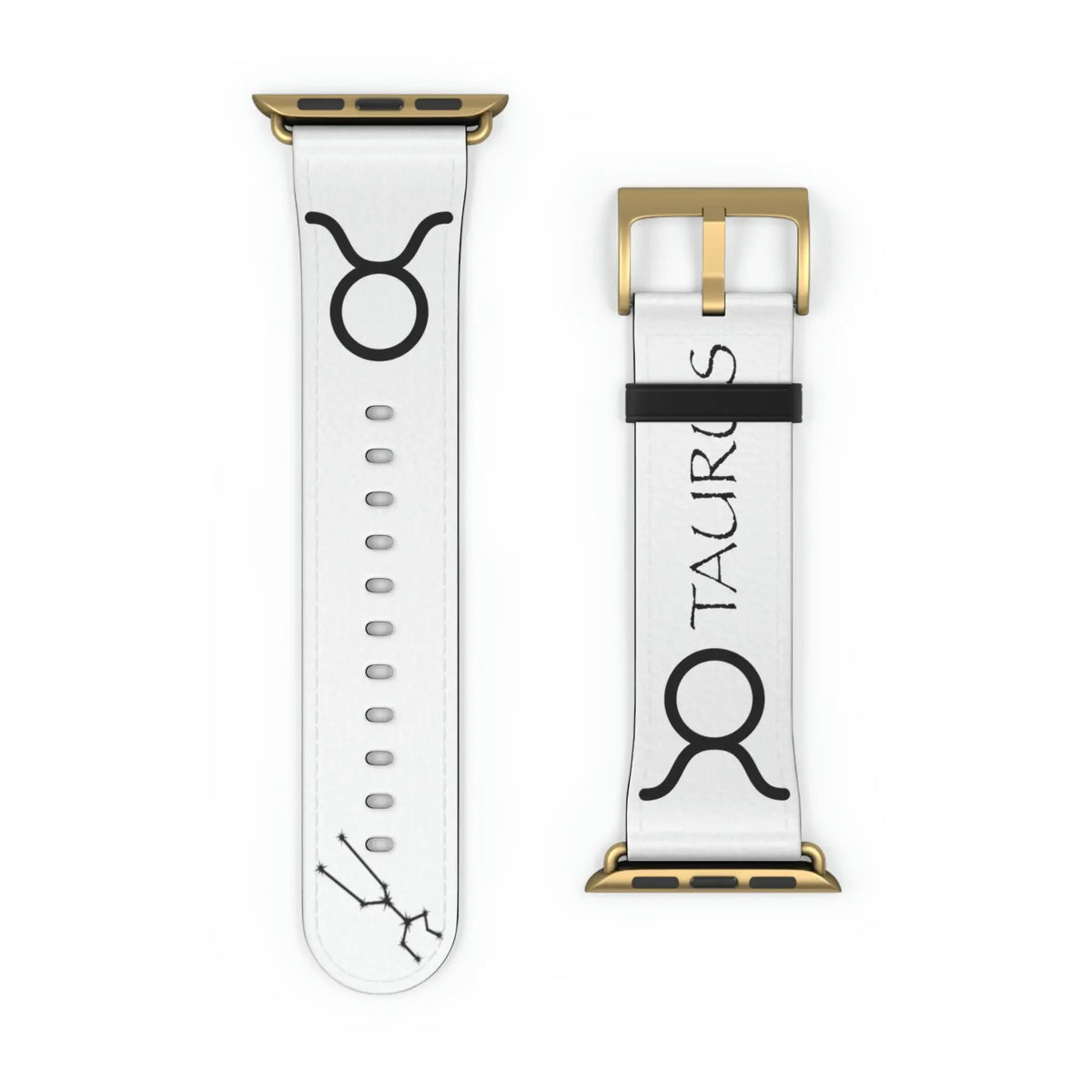 White Taurus zodiac watch band with gold buckle, featuring astrological symbol and constellation design