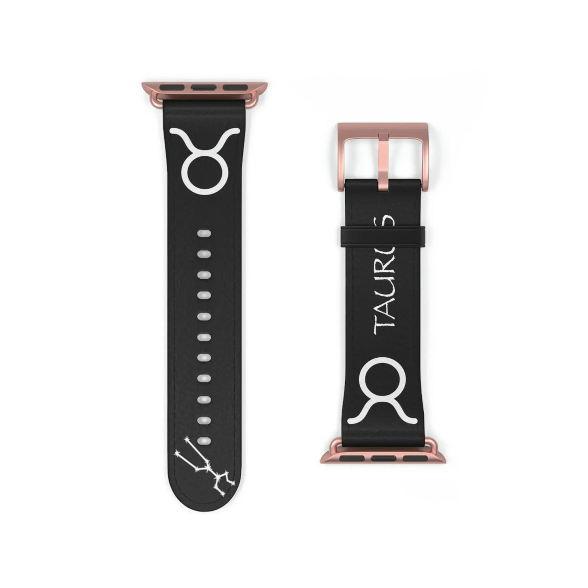 Black Taurus zodiac watch band with white constellation and symbol, rose gold buckle