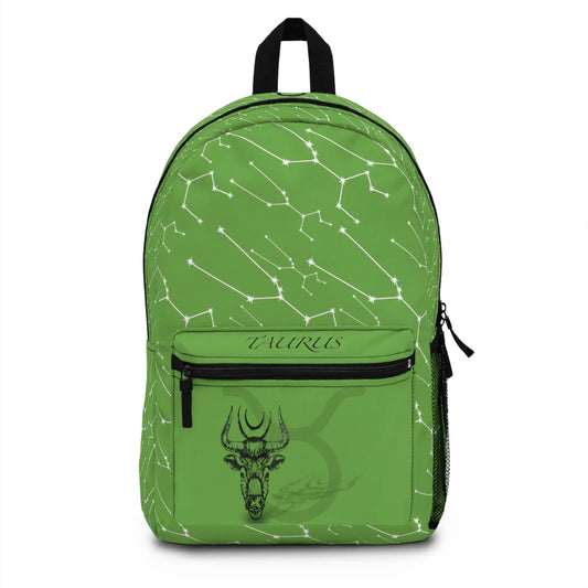 Green Taurus Zodiac Backpack - Front view showing the constellation print and front pocket emblem.