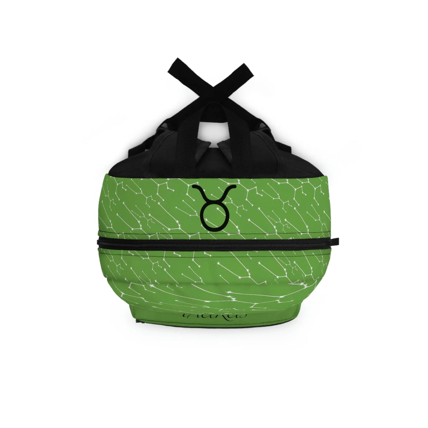 Top-down view of the green Taurus Zodiac Backpack, showing the main zipper opening and shoulder straps.