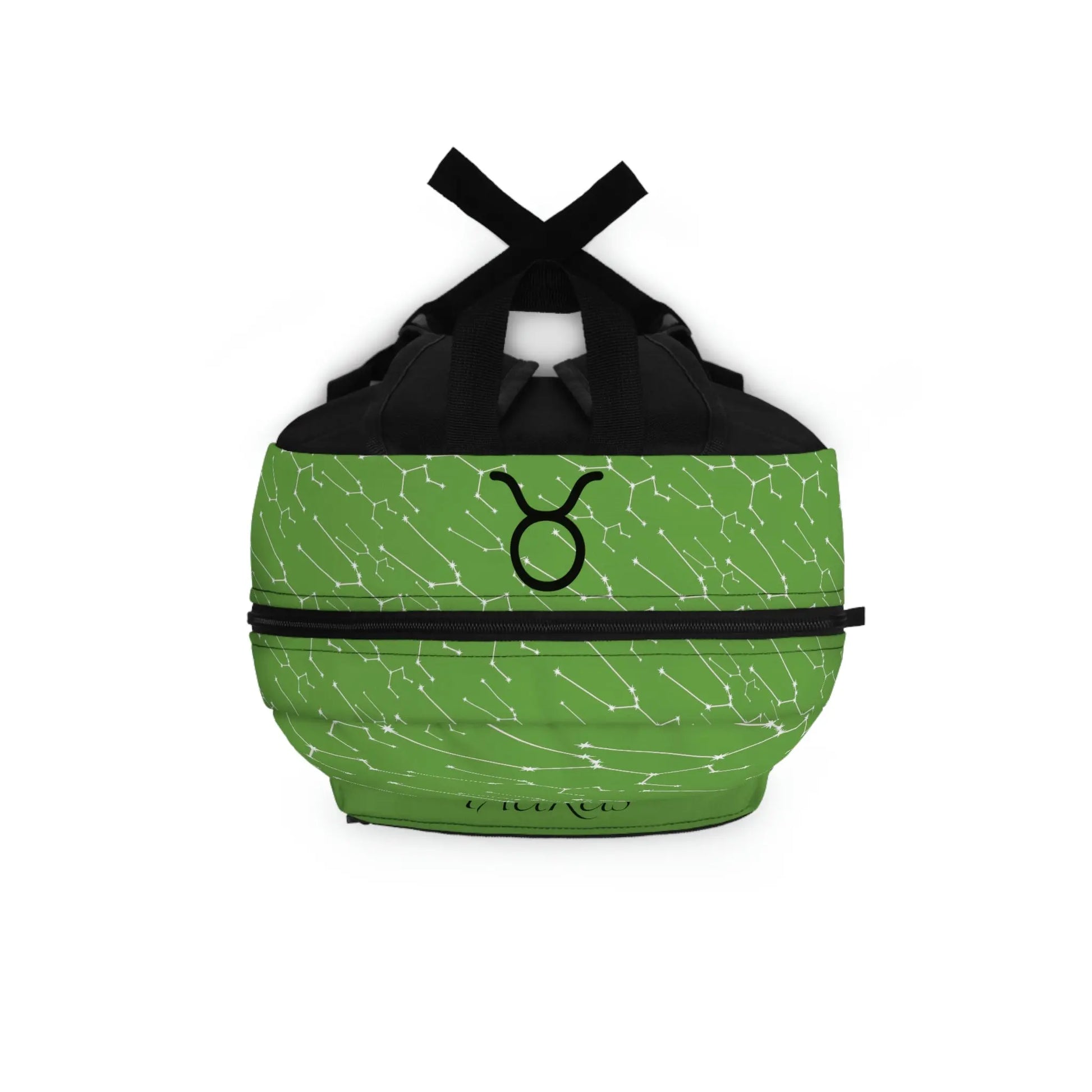 Top-down view of the green Taurus Zodiac Backpack, showing the main zipper opening and shoulder straps.