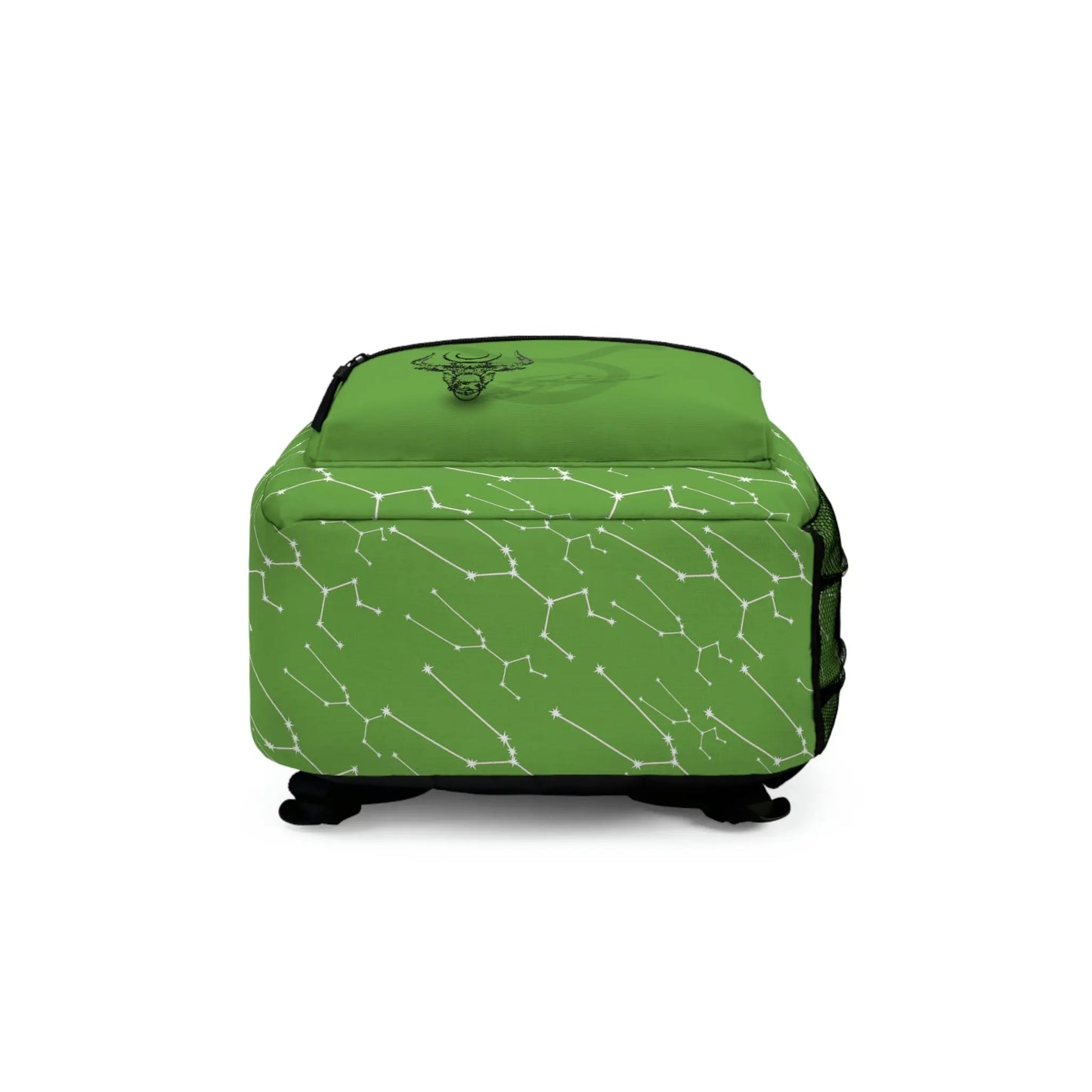 Bottom view of the green Taurus Zodiac Backpack, showing the base construction.