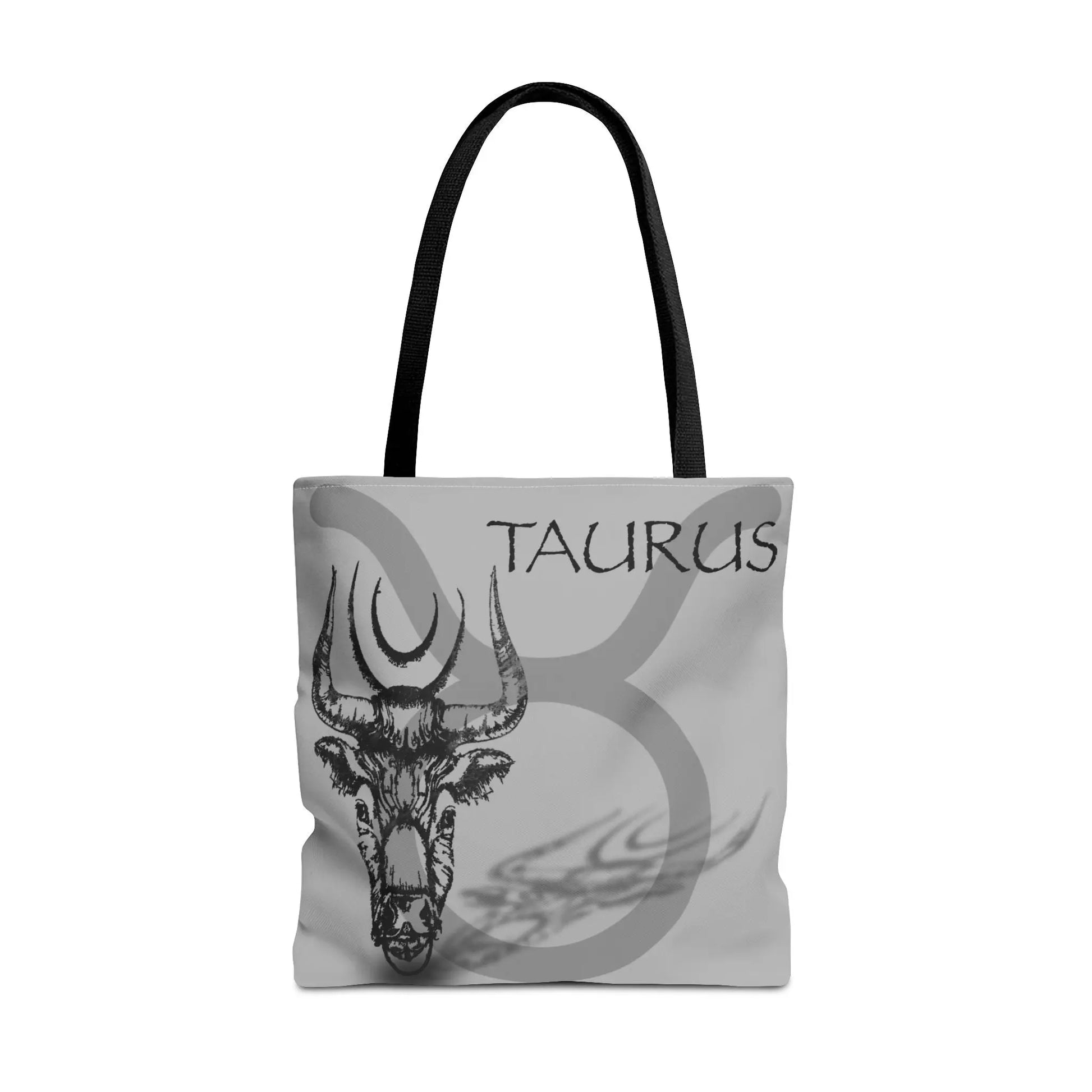 Taurus Zodiac Tote Bag - Front view showing the bull head emblem on a gray canvas.