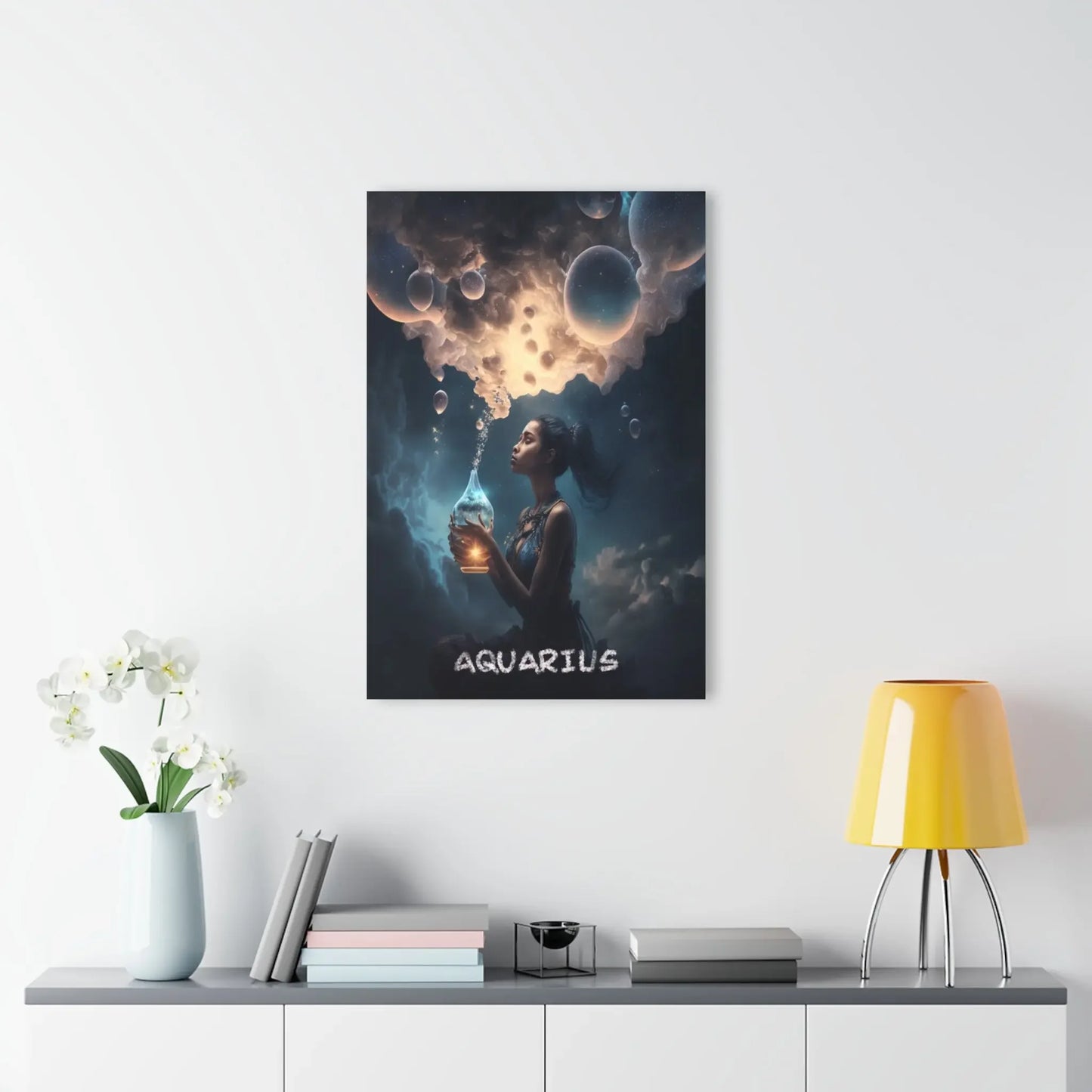 Aquarius zodiac art print with cosmic woman holding glowing orb, mystical wall decor for astrology lovers
