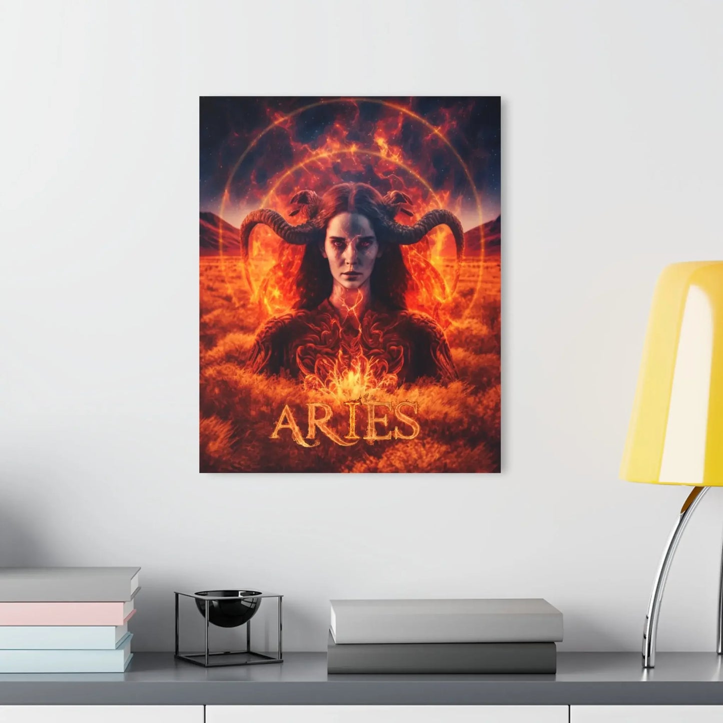 Aries zodiac art print with fiery horns and cosmic energy, perfect for astrology decor and spiritual spaces