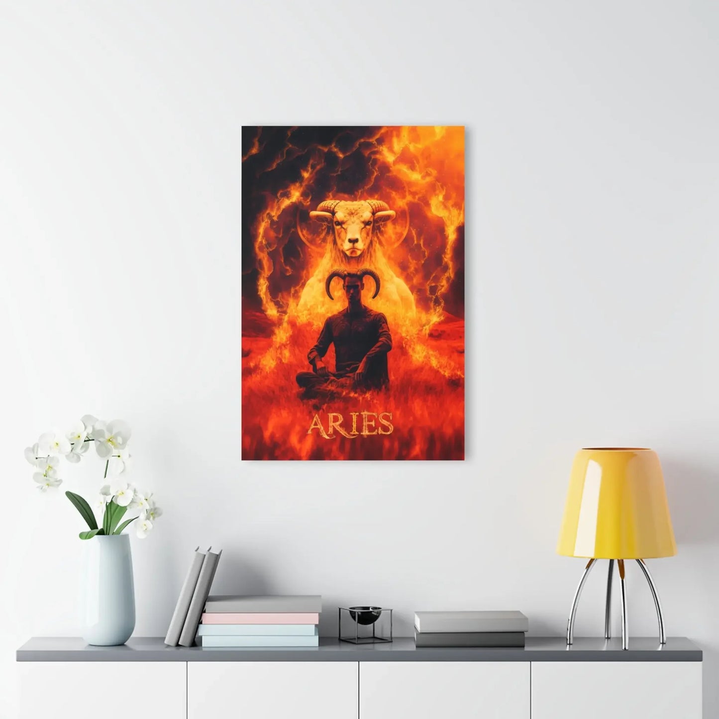 Aries zodiac wall art with ram and meditating figure in fiery aura, astrology decor