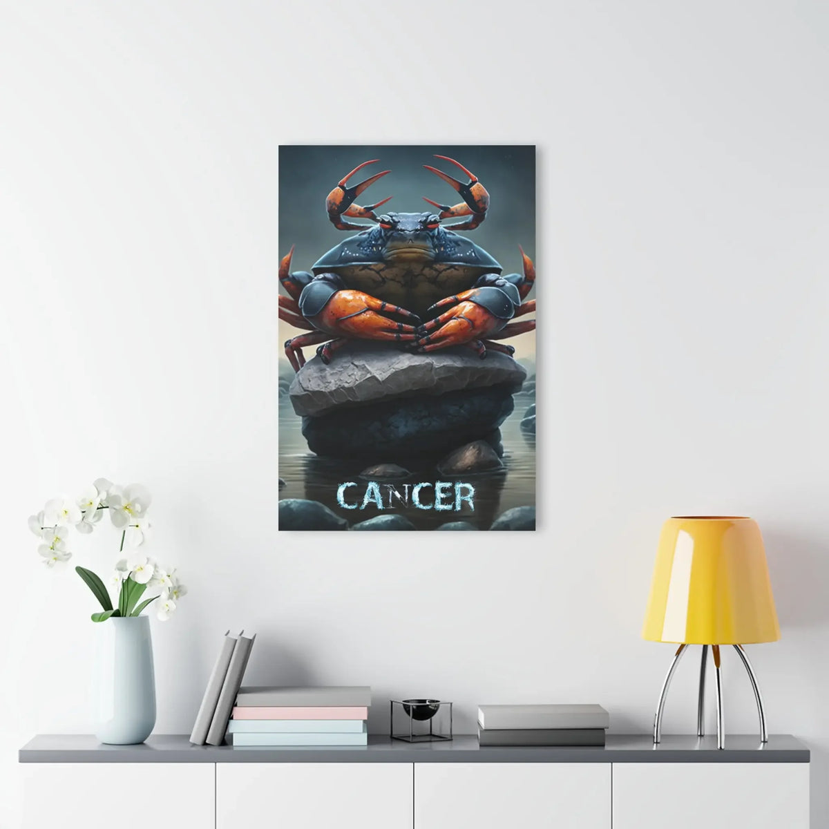 Cancer zodiac art print with crab on rocks, astrology wall decor for home or office