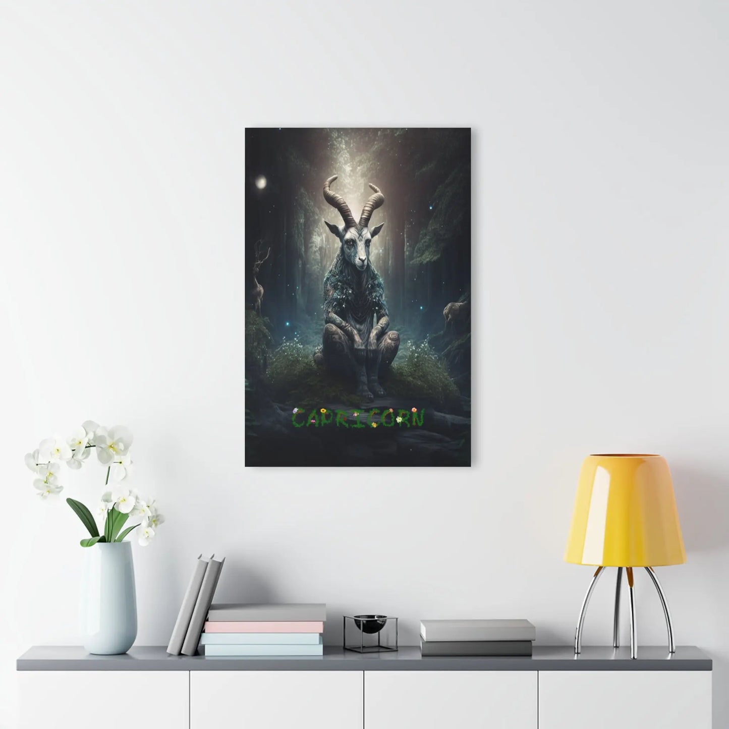 Capricorn Zodiac Wall Art displayed in a modern living room setting to show scale.