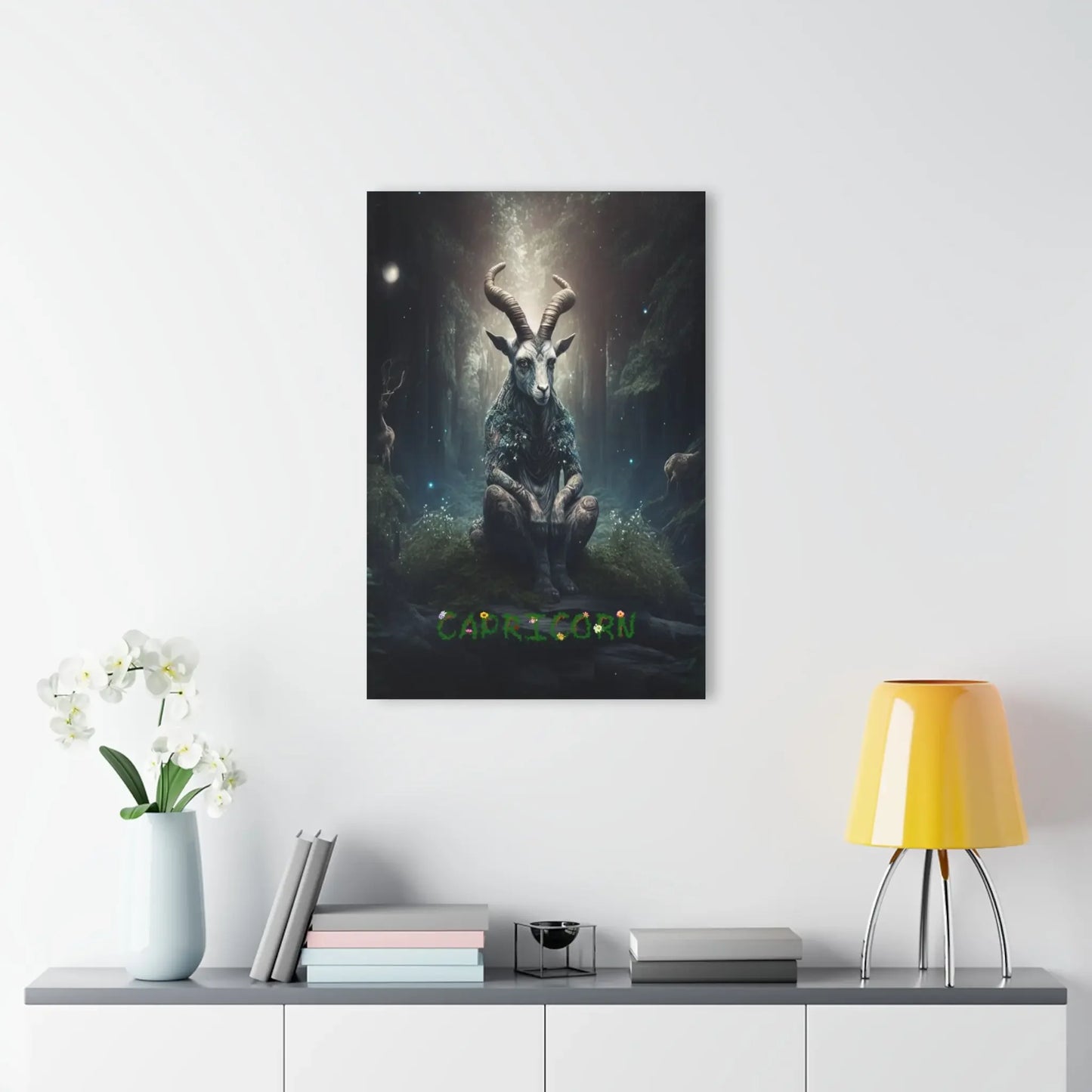 Capricorn zodiac art print with mystical goat in enchanted forest, perfect for astrology decor