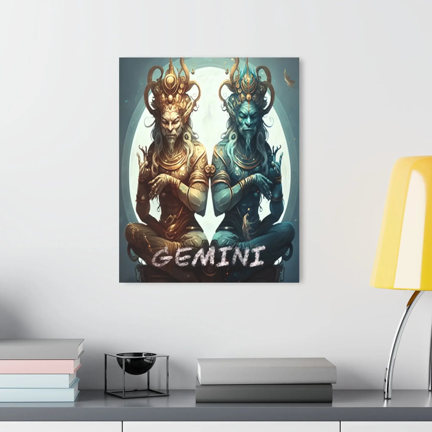Gemini zodiac art print with twin deities, perfect for astrology and chakra home decor