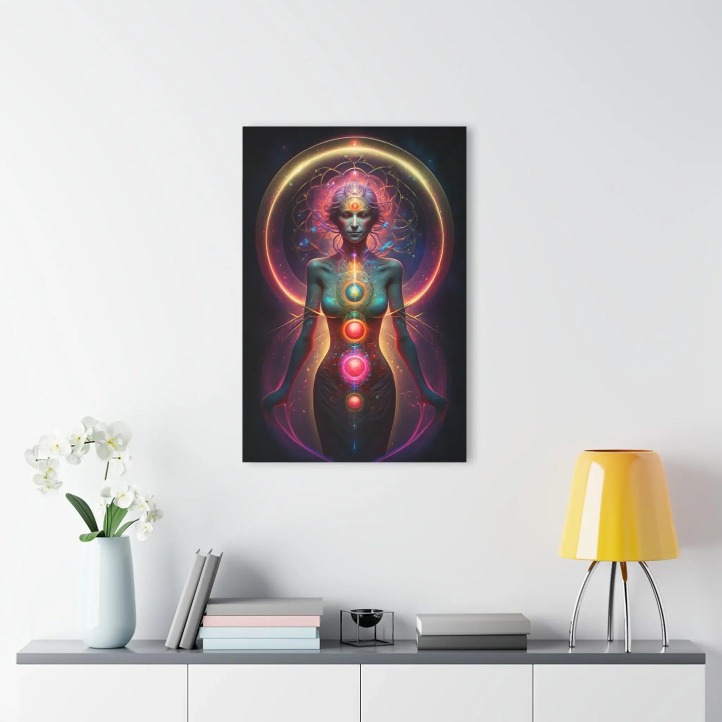 Chakra energy art print with glowing seven chakras, spiritual wall decor for meditation and holistic wellness