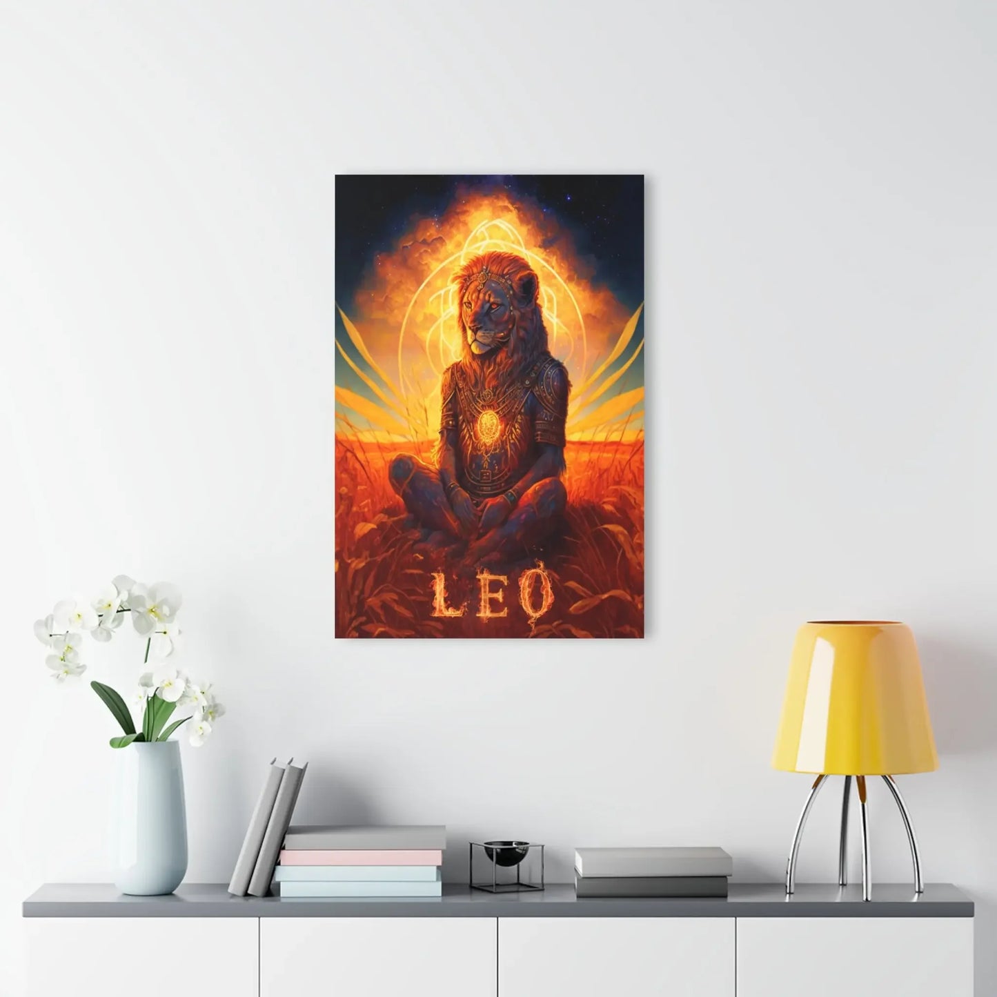 Leo zodiac art print with lion in meditation, cosmic aura, chakra symbols, fiery sunset background