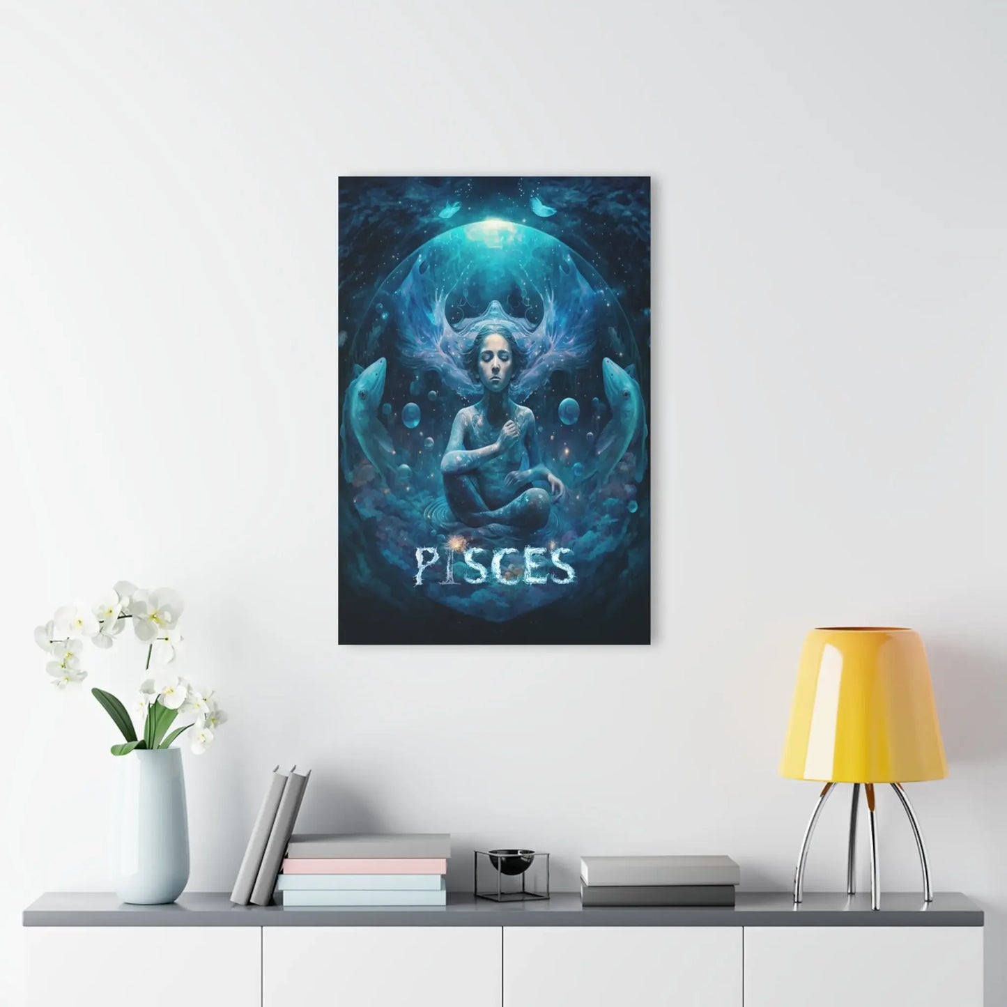 Pisces zodiac art print with meditating figure, celestial fish, and cosmic blue tones for spiritual home decor