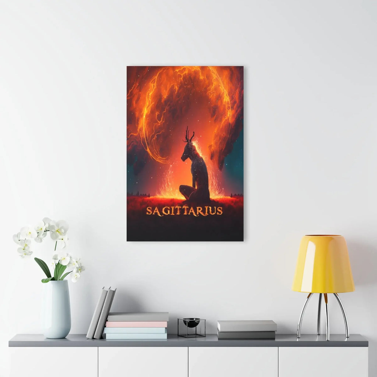 Sagittarius zodiac art print with celestial deer silhouette against fiery cosmic background, ideal for astrology decor.