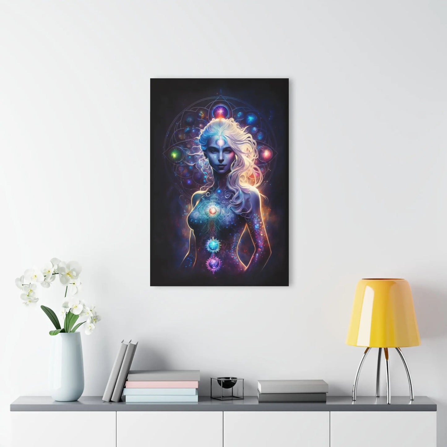 "Cosmic Consciousness" Wall Art displayed in a modern living room setting to show scale.