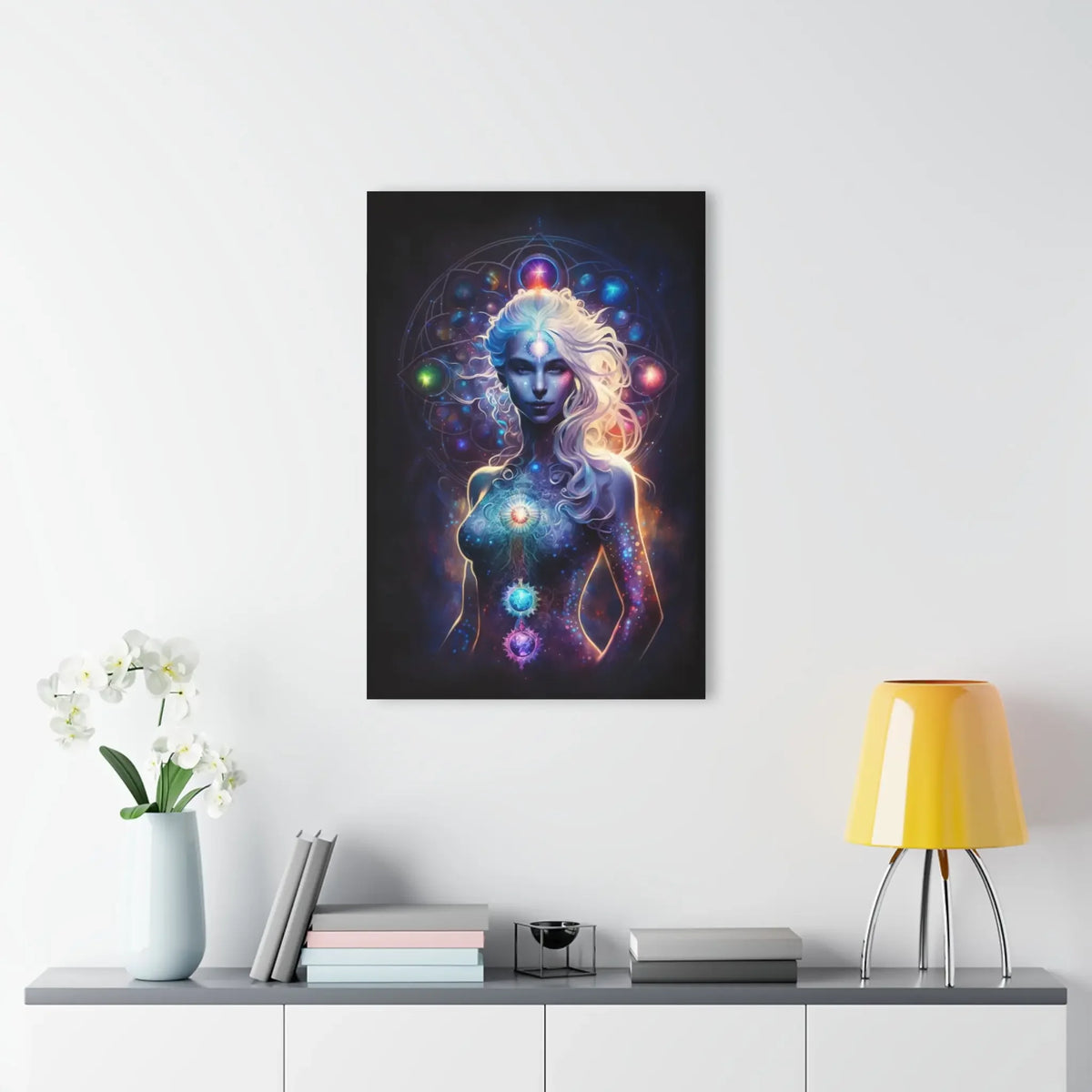 Chakra art print with glowing energy centers, cosmic woman, spiritual wall decor for holistic home ambiance