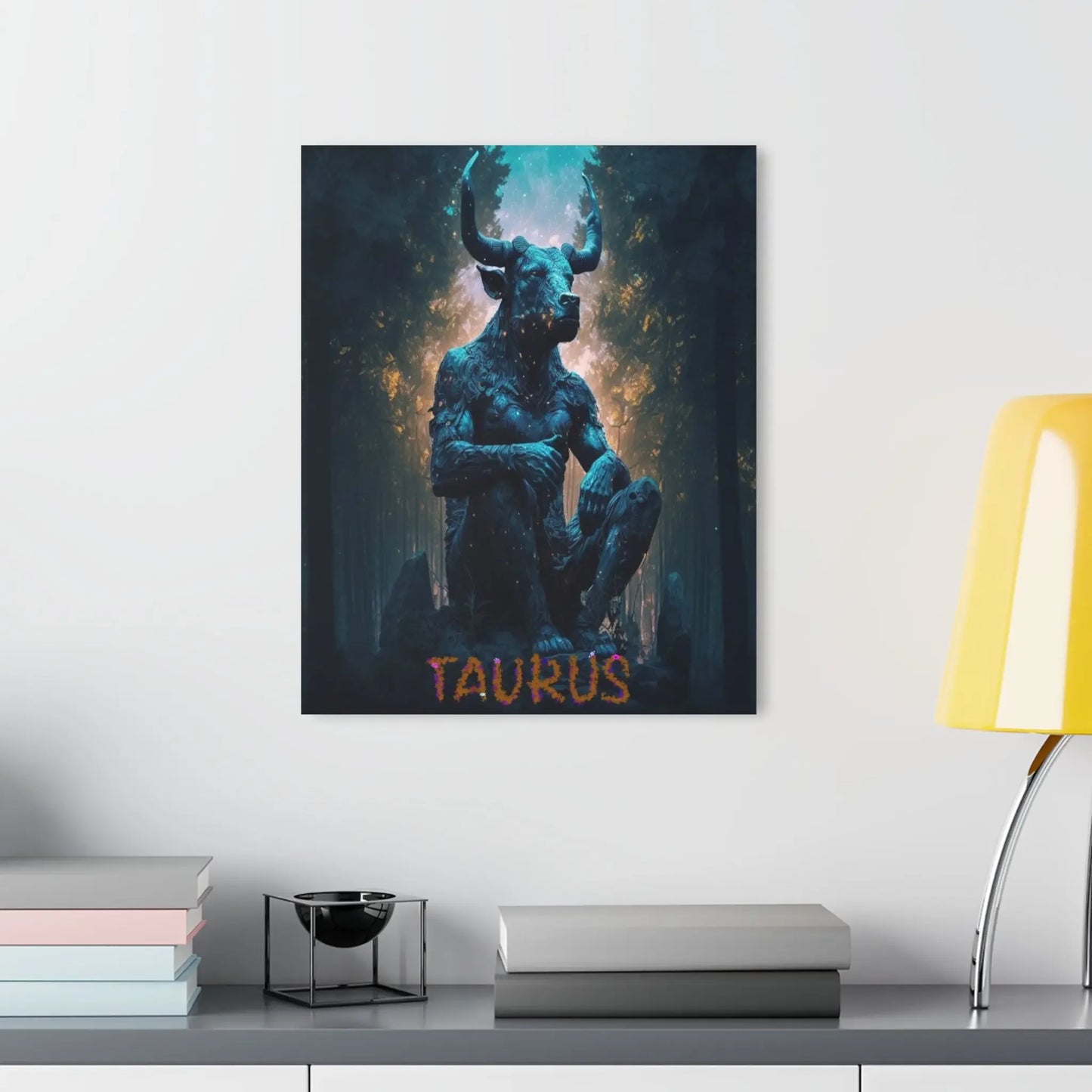 Taurus zodiac art print with mystical bull in forest, cosmic glow, perfect for astrology decor