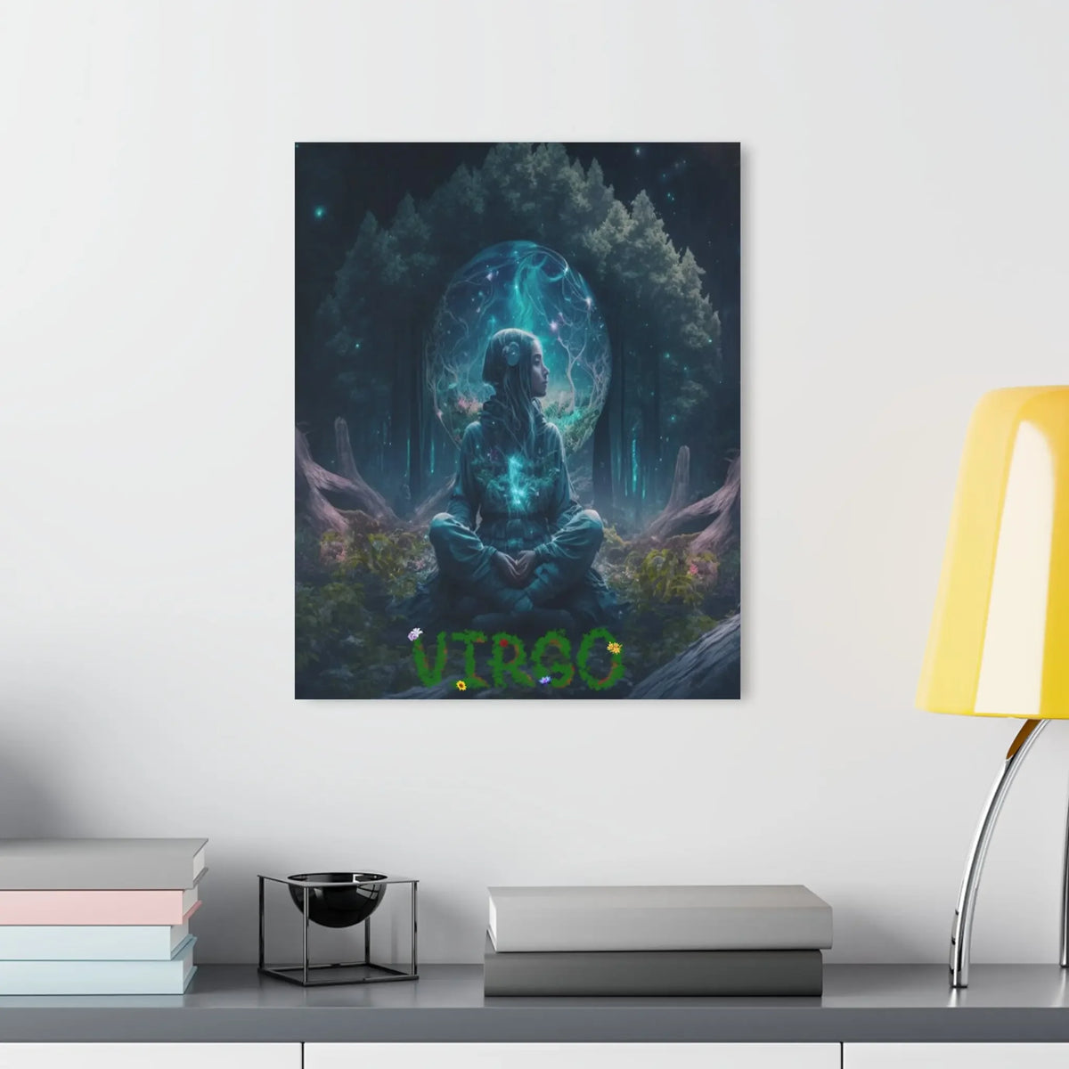 Virgo zodiac art print with meditating figure in mystical forest, glowing energy aura, perfect for astrology decor