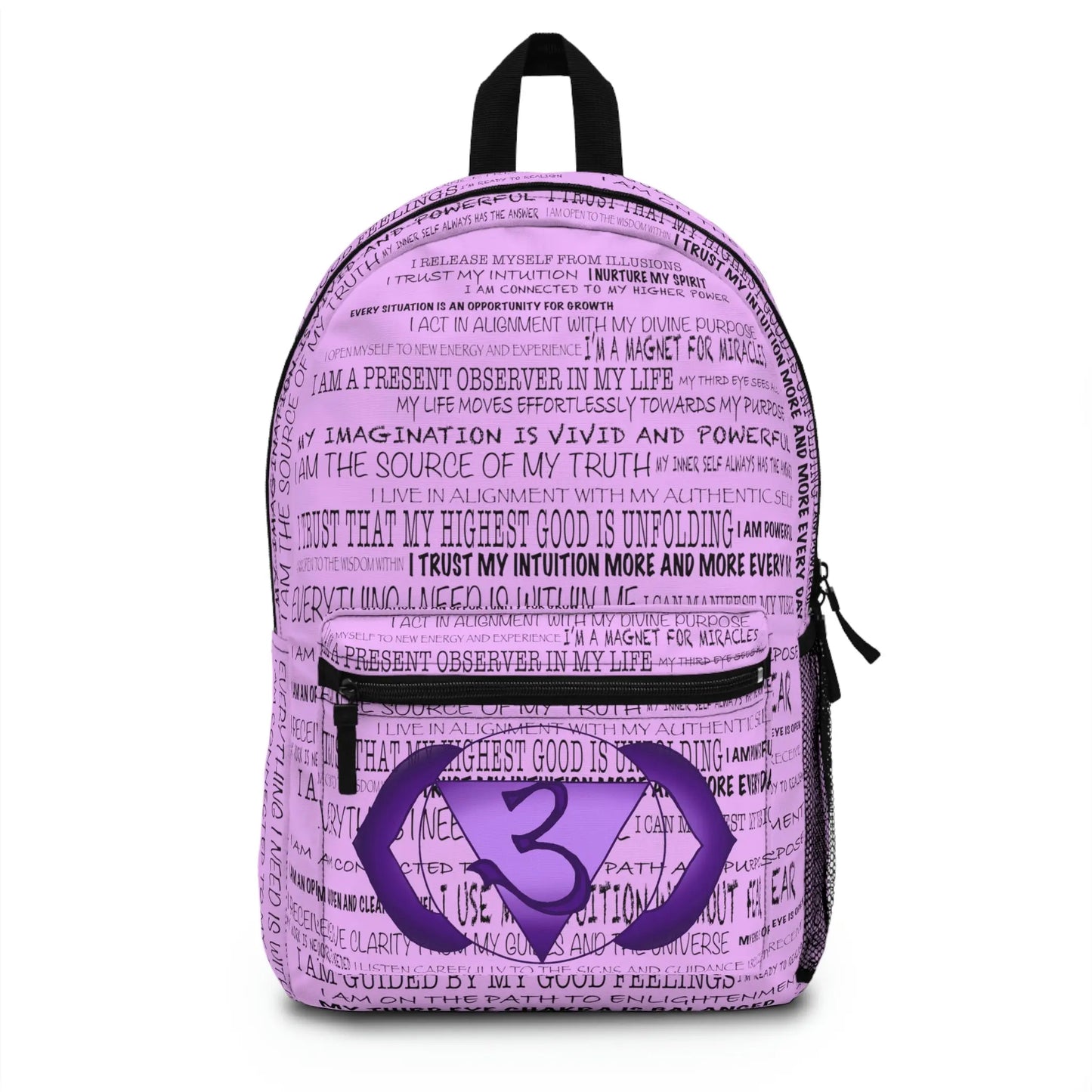 Purple Third Eye Affirmations Backpack - Front view showing affirmation print and chakra emblem.
