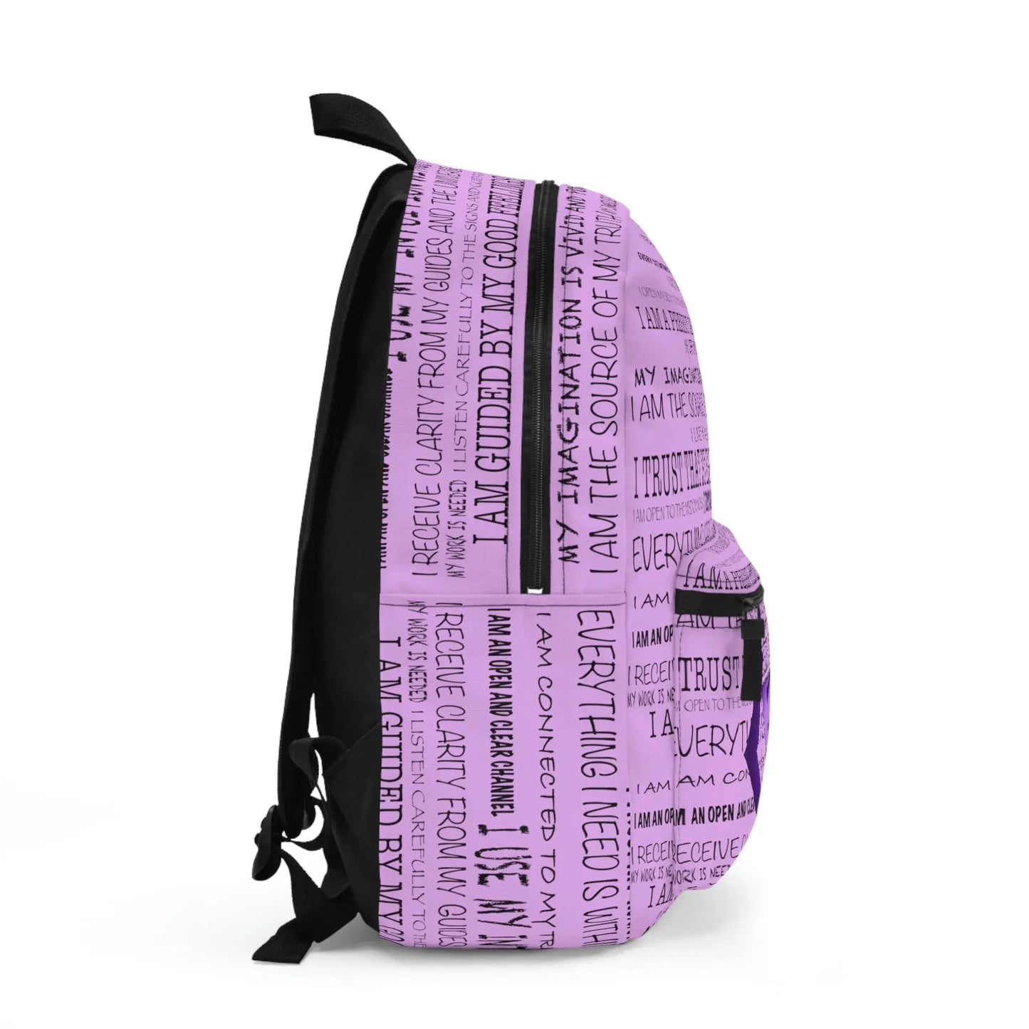 Purple Third Eye Affirmations Backpack - Right side profile showing the full affirmation print pattern.