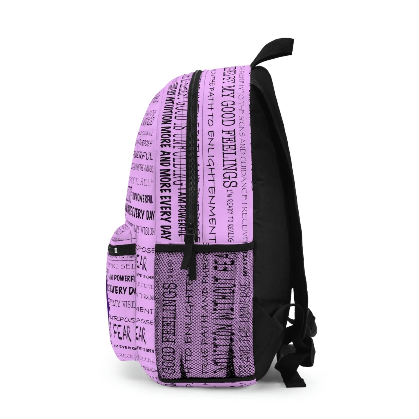Purple Third Eye Affirmations Backpack - Left side profile showing the side mesh pocket.