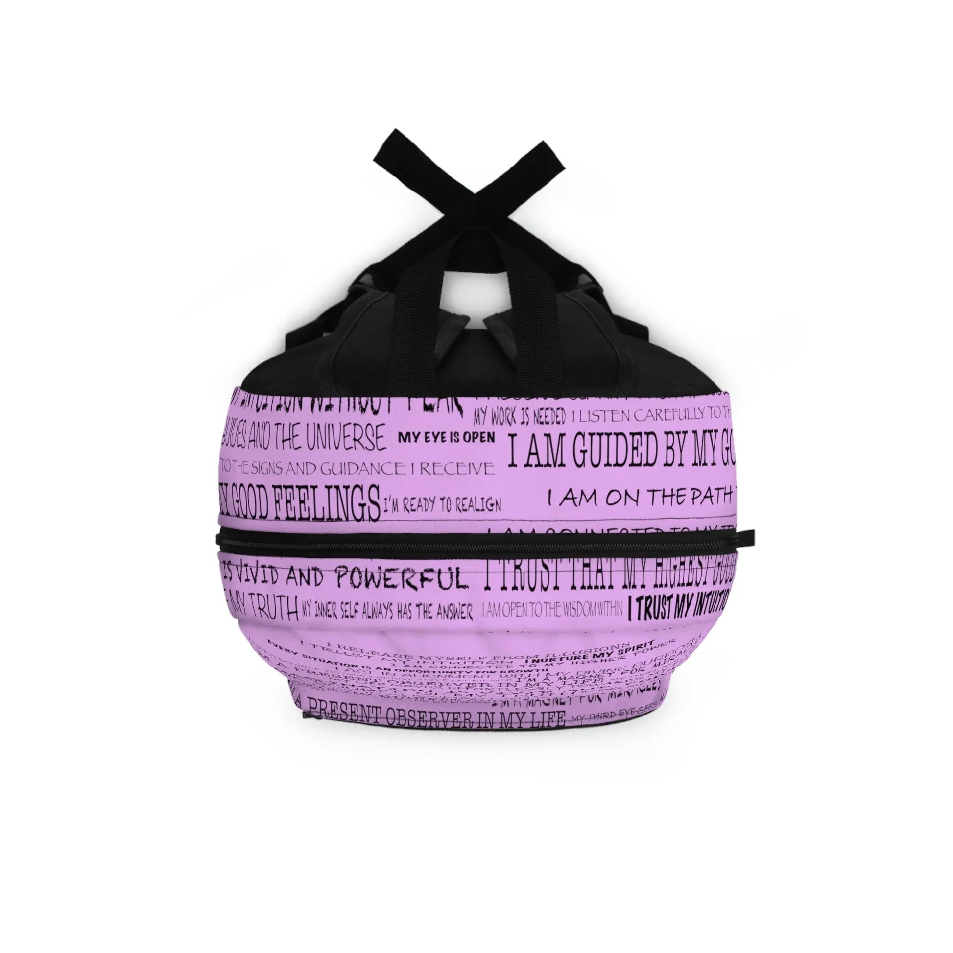 Top-down view of the purple Third Eye Affirmations Backpack, showing the main zipper opening.