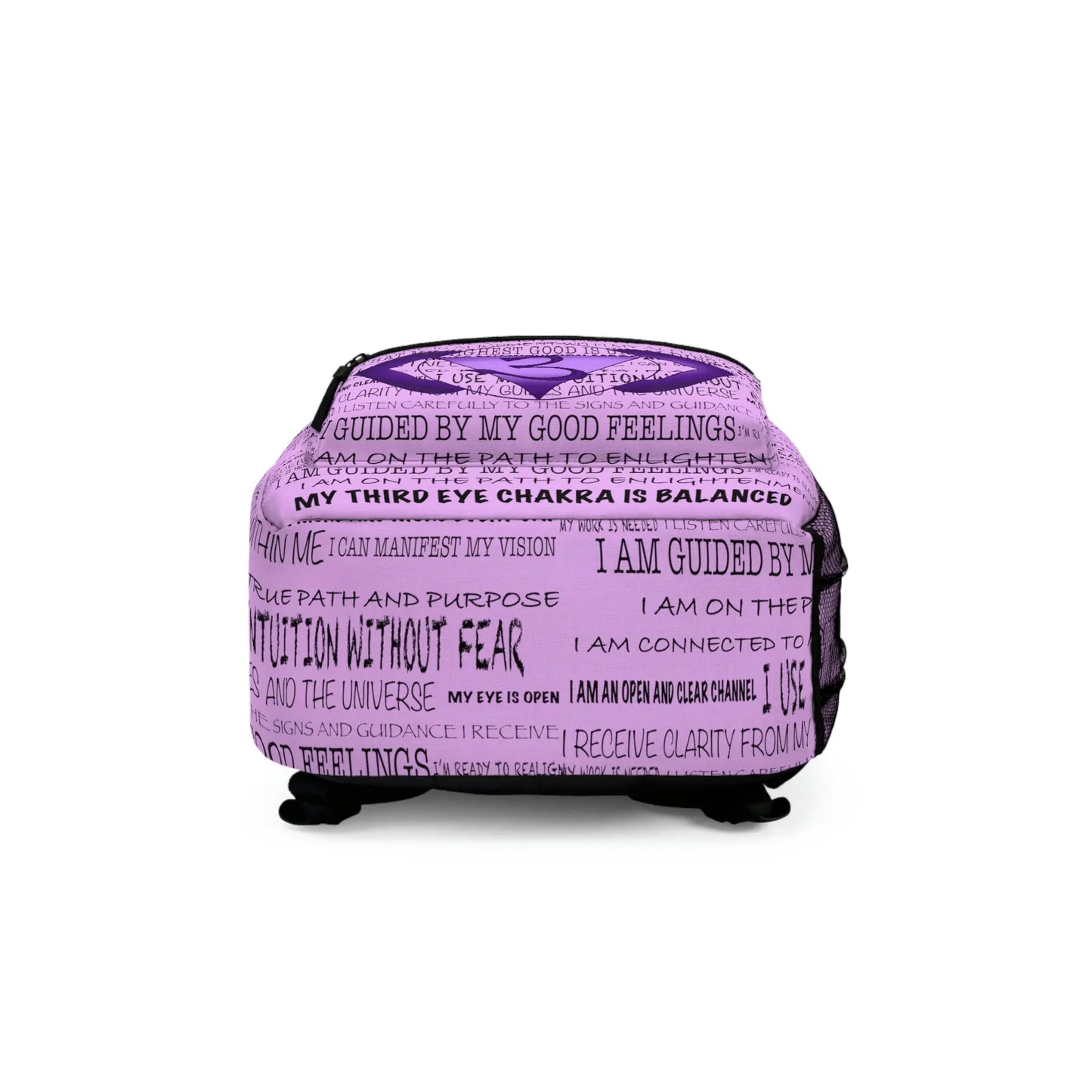 Bottom view of the purple Third Eye Affirmations Backpack, showing the durable base construction.