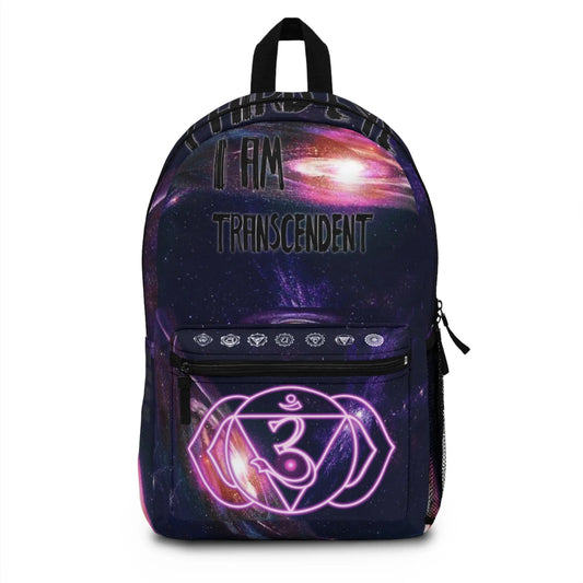 Purple Third Eye Cosmic Backpack - Front view showing the galaxy print and chakra emblem on the pocket.