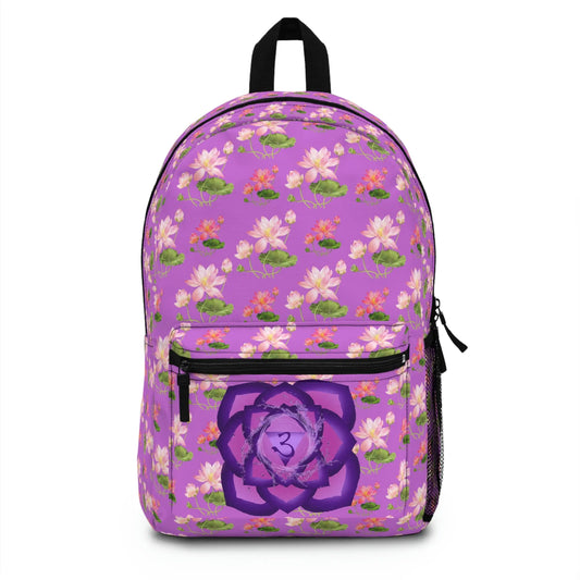 Purple Third Eye Chakra Backpack - Front view with an all-over lotus print and floral chakra emblem on the pocket.
