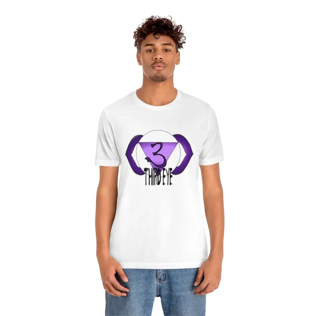 White t-shirt with purple Third Eye chakra symbol and '3' design, spiritual apparel for energy healing