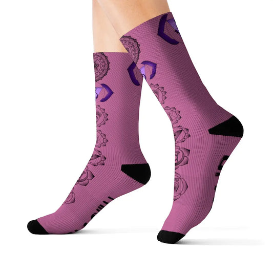 Model (White Background): Model wearing the indigo Third Eye Chakra Socks to show fit and length.