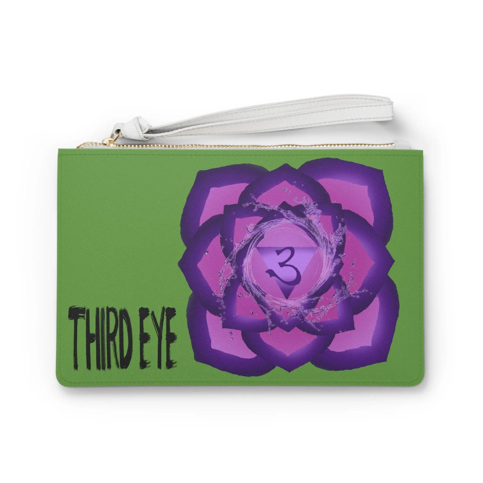 Third Eye Chakra Clutch - Front view of green vegan leather purse with purple Third Eye Chakra symbol print.