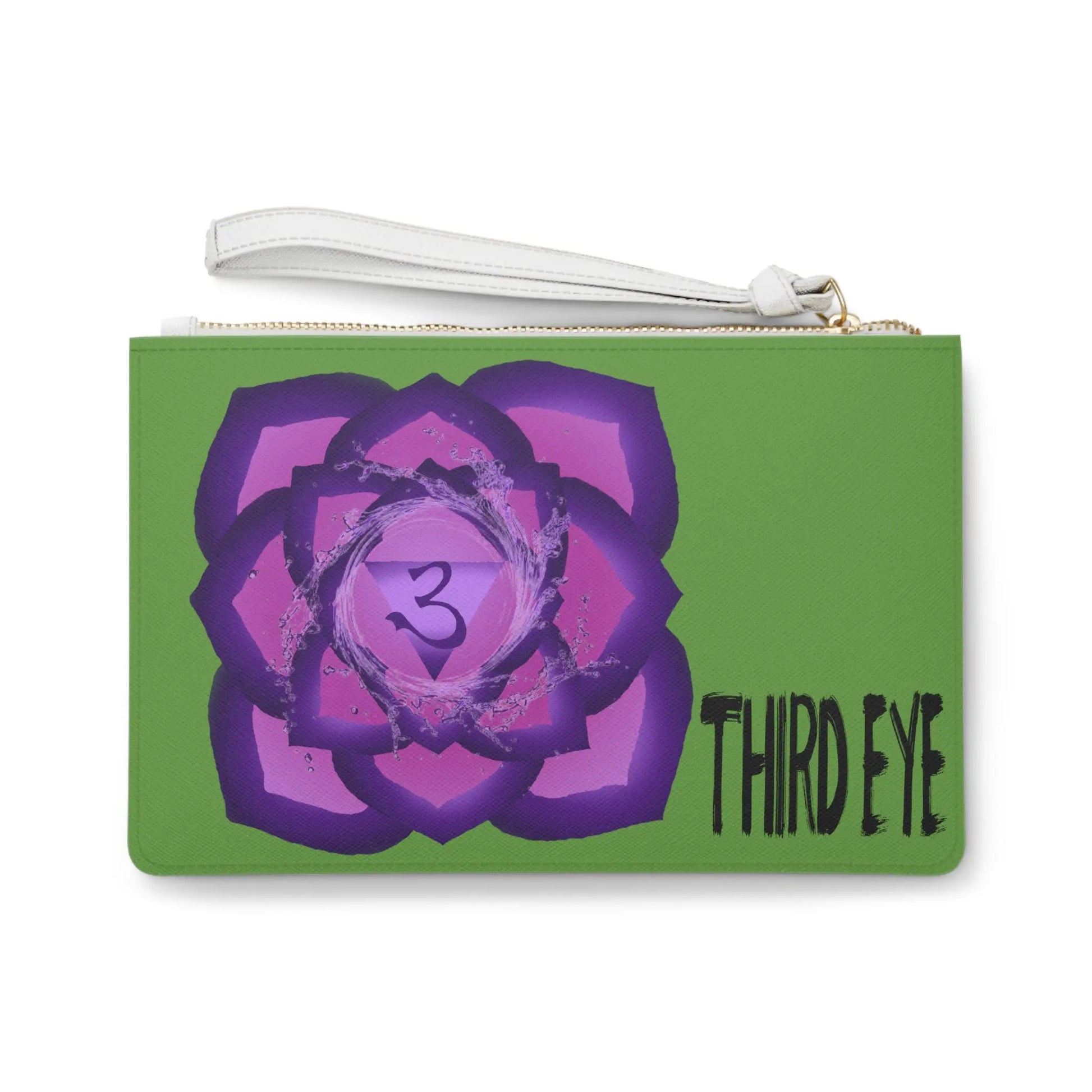Third Eye Chakra Clutch - Back view of green vegan leather purse with purple Third Eye Chakra symbol print.