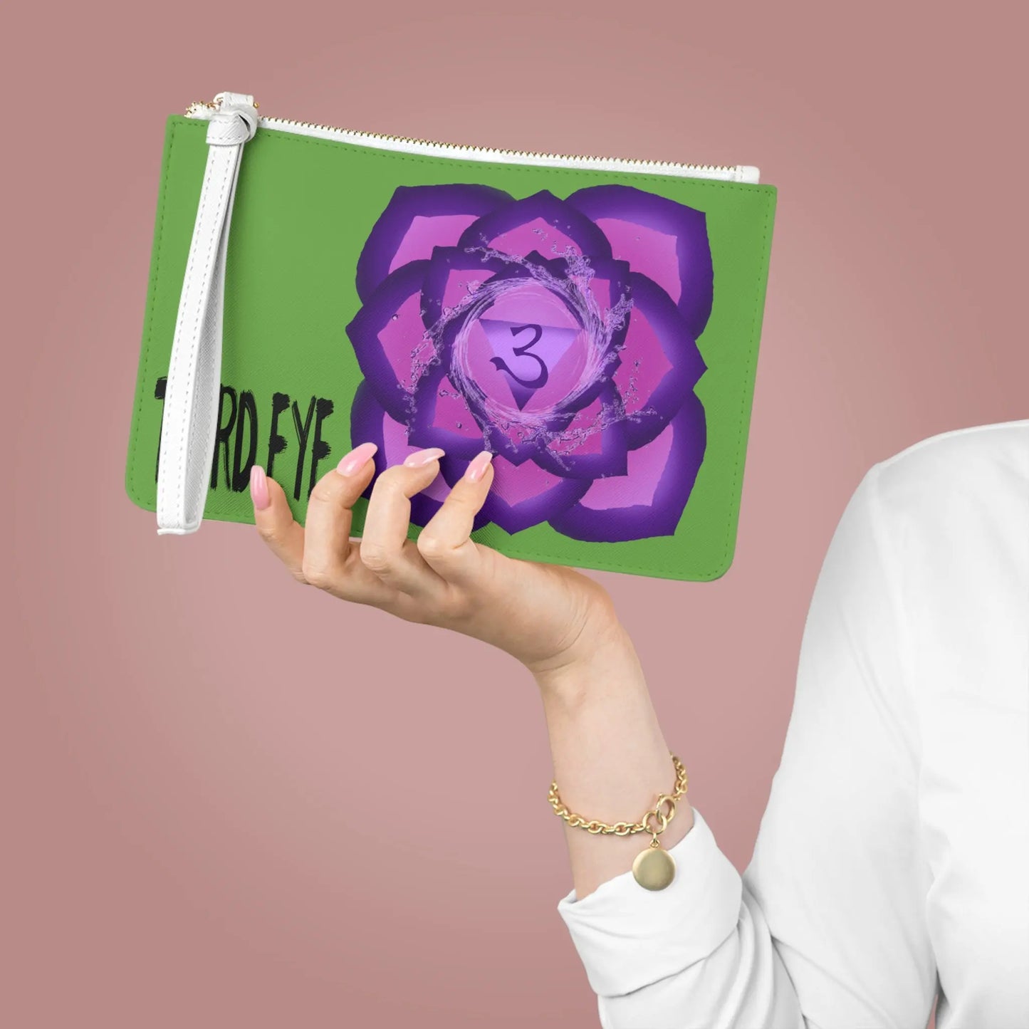 Large Third Eye Chakra Clutch held by a woman to show its scale.