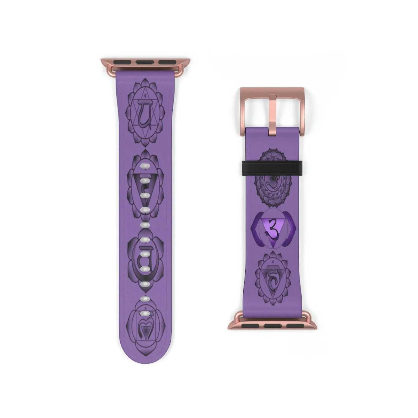 Purple chakra-themed Apple Watch band with rose gold hardware and sacred symbols for spiritual energy alignment