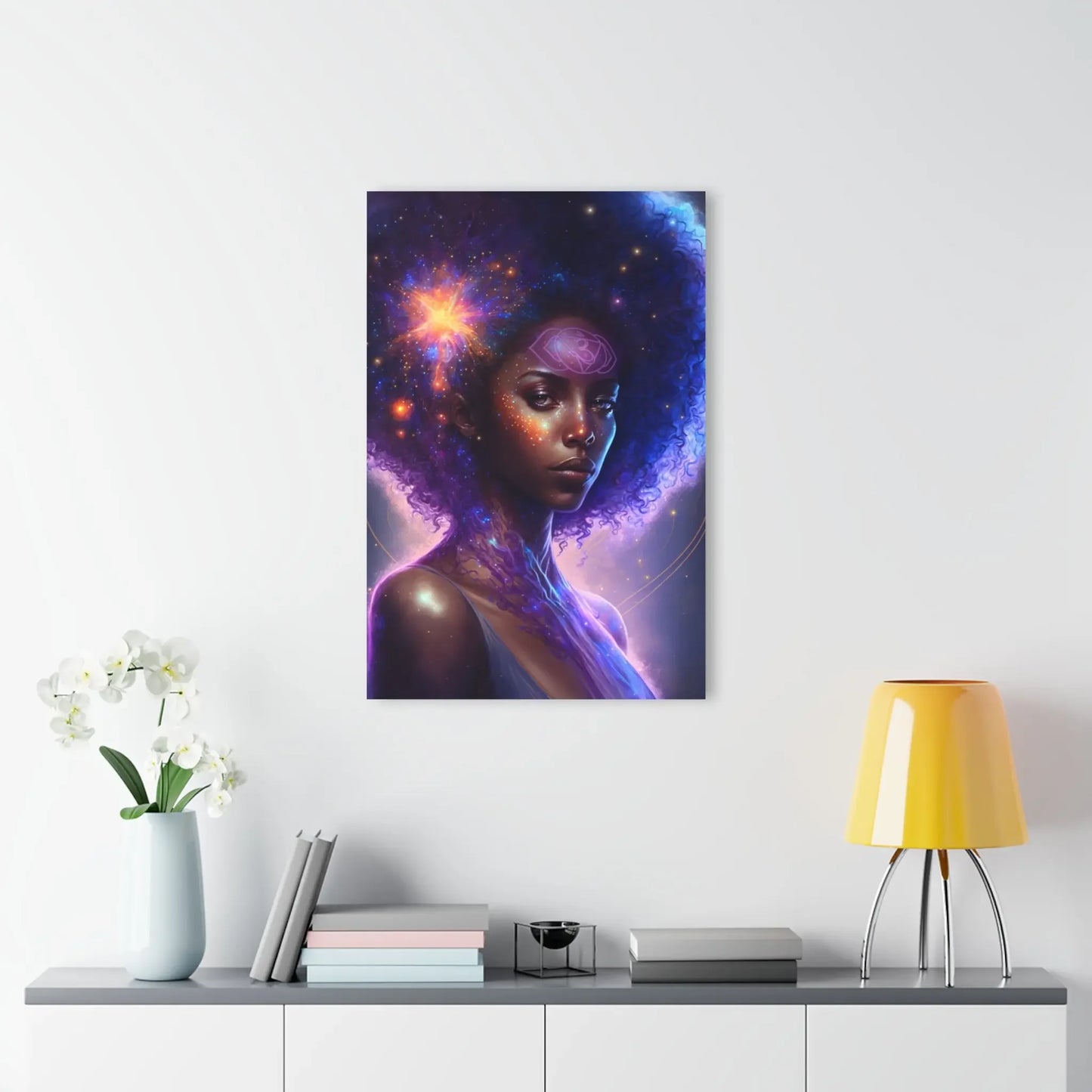 Cosmic chakra art print with glowing third eye, galaxy hair, and spiritual energy for home decor