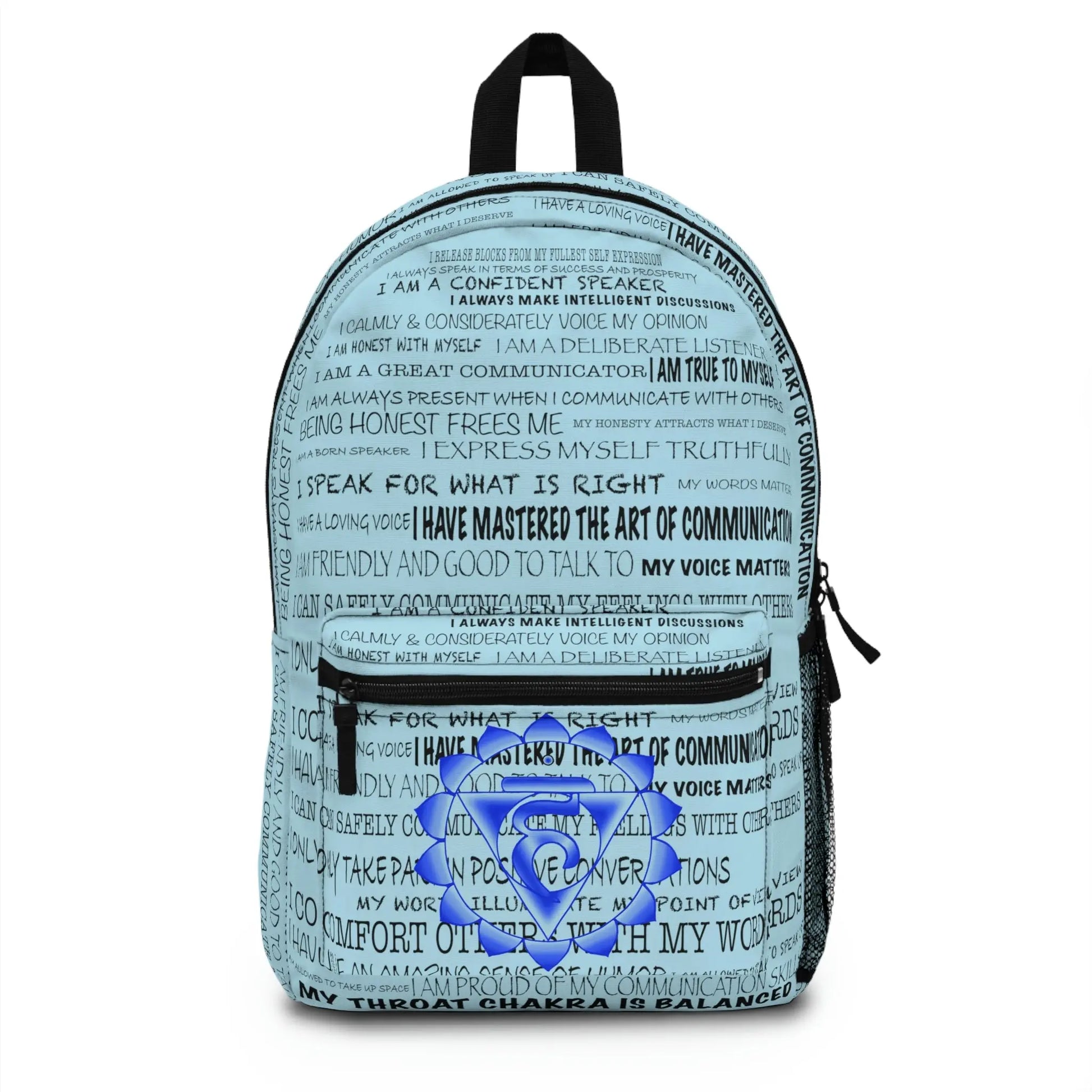 Blue Throat Chakra Affirmations Backpack - Front view showing affirmation print and chakra emblem.