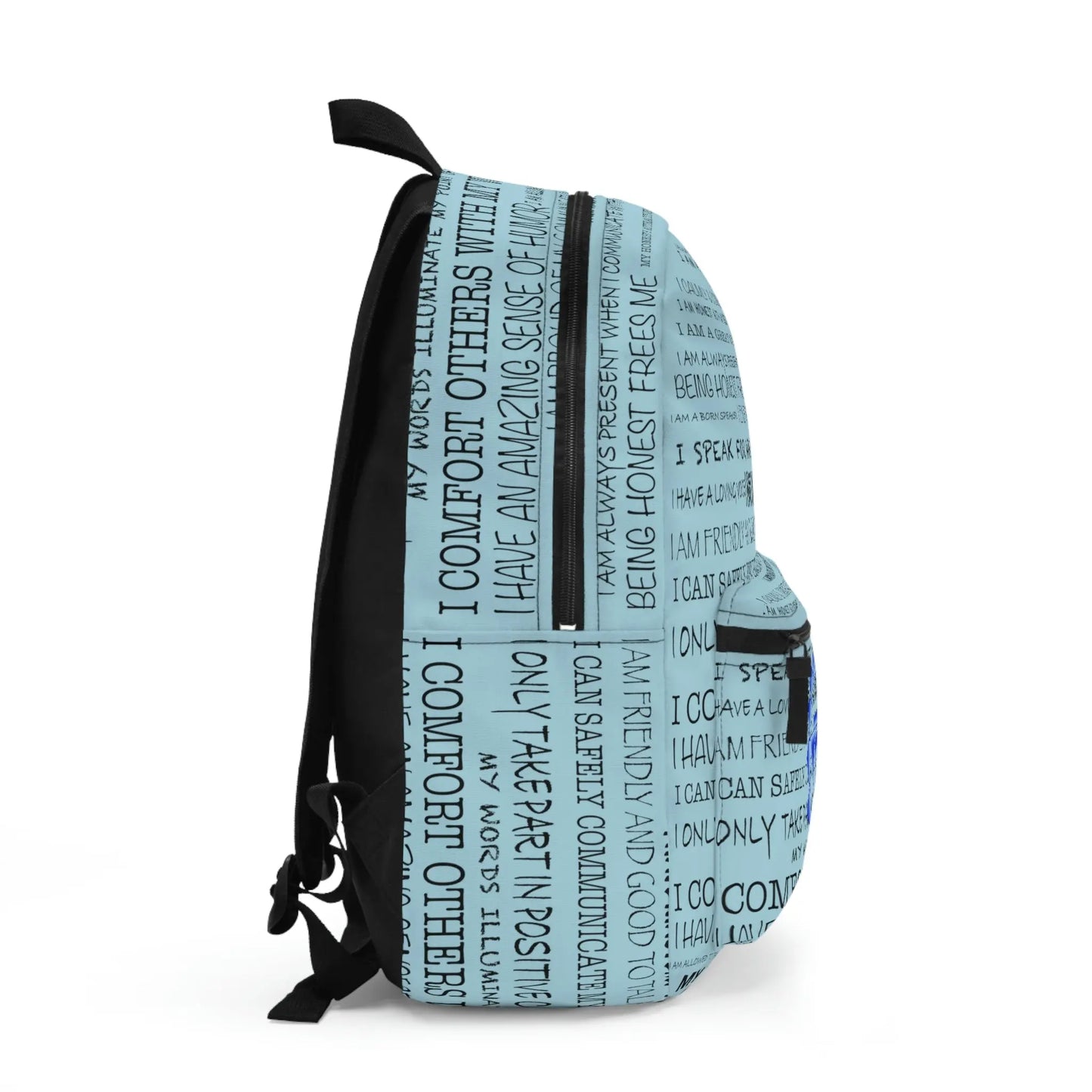 Blue Throat Chakra Affirmations Backpack - Right side profile showing the full affirmation print pattern.