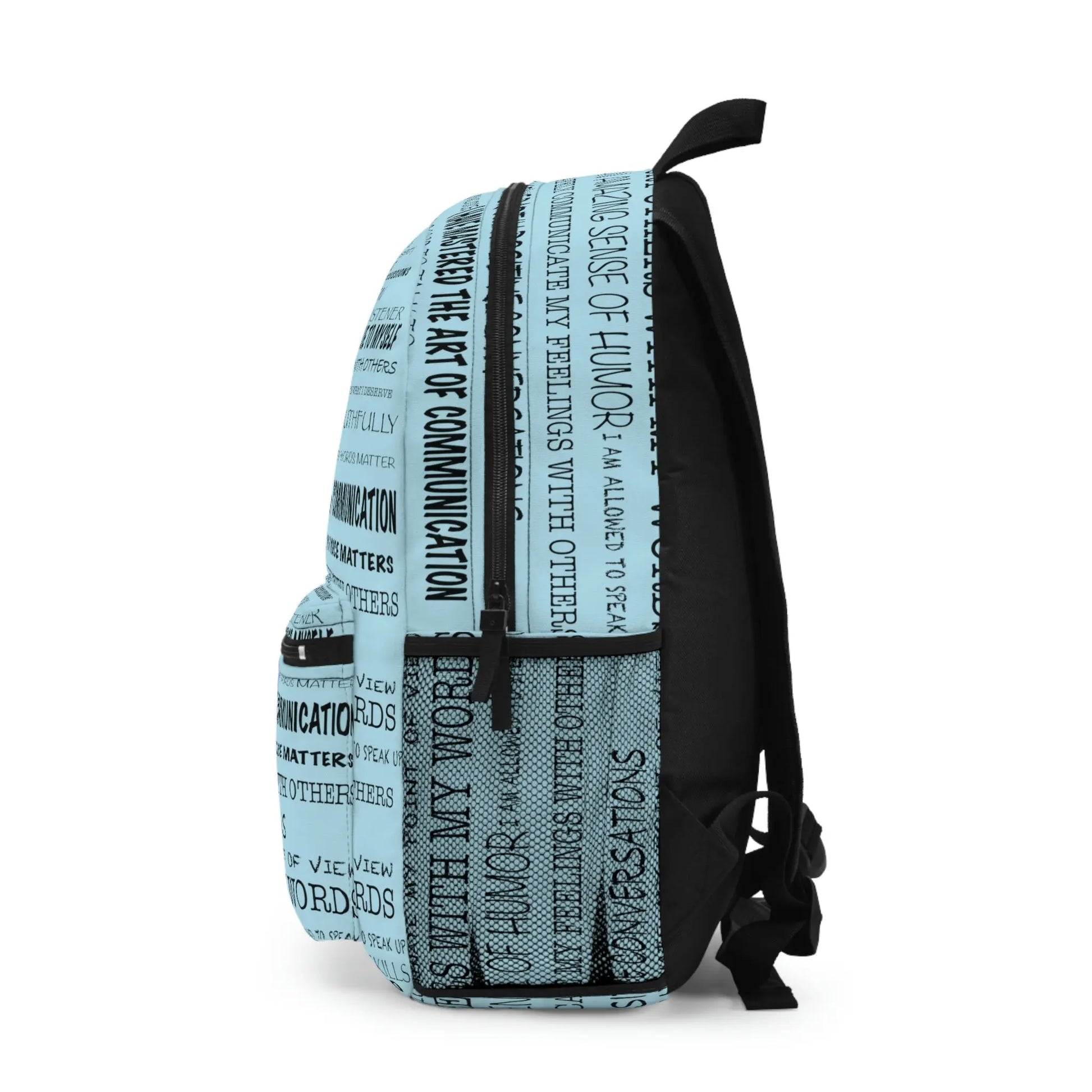 Blue Throat Chakra Affirmations Backpack - Left side profile showing the side mesh pocket.