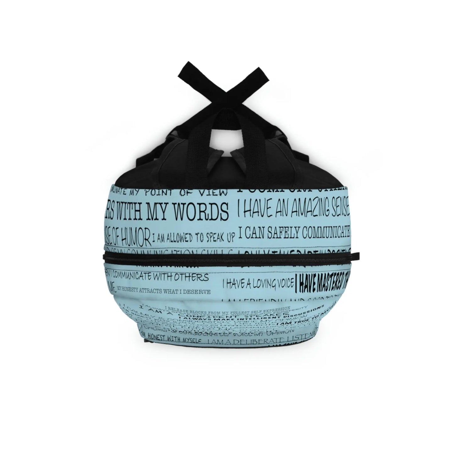 Top-down view of the blue Throat Chakra Affirmations Backpack, showing the main zipper opening.