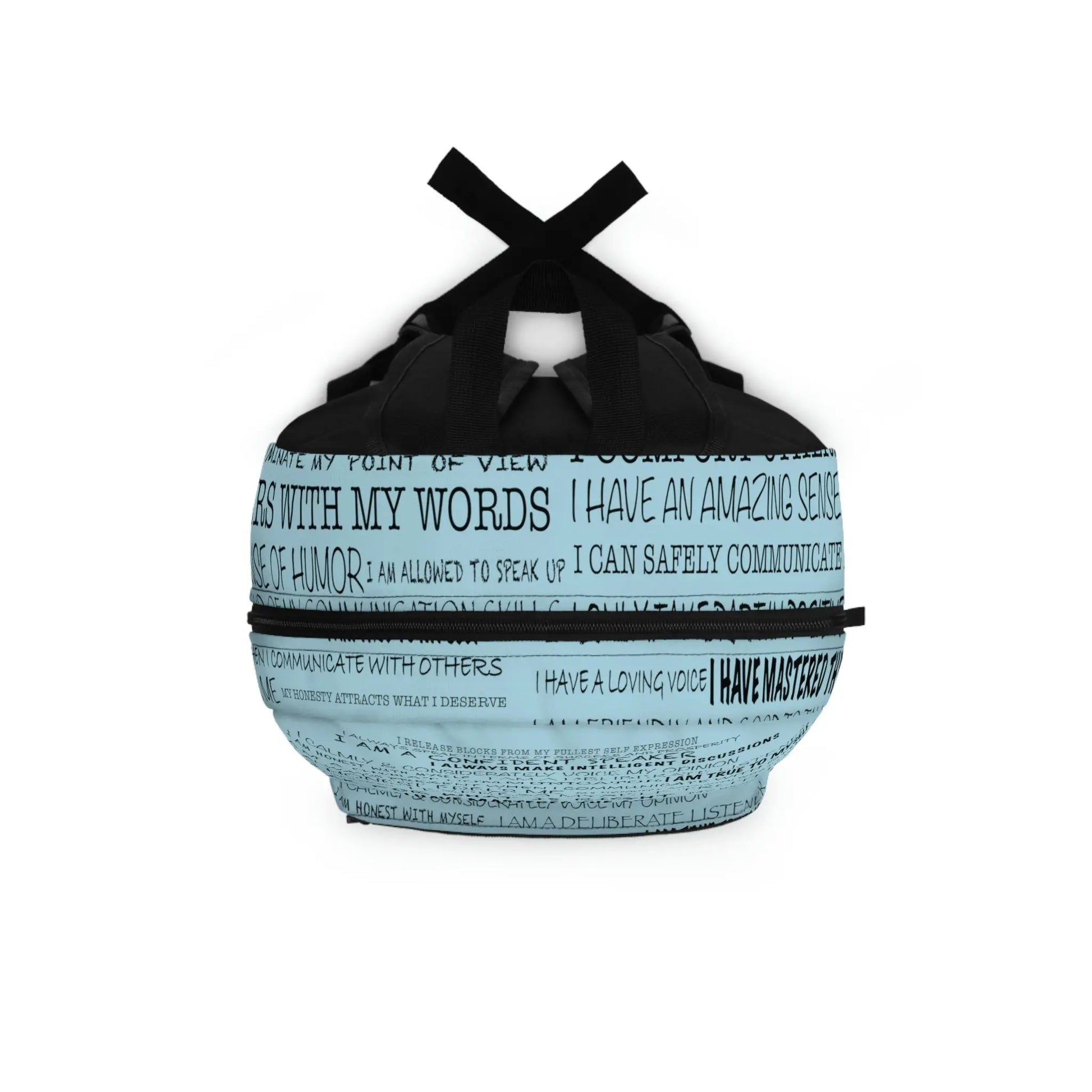 Top-down view of the blue Throat Chakra Affirmations Backpack, showing the main zipper opening.