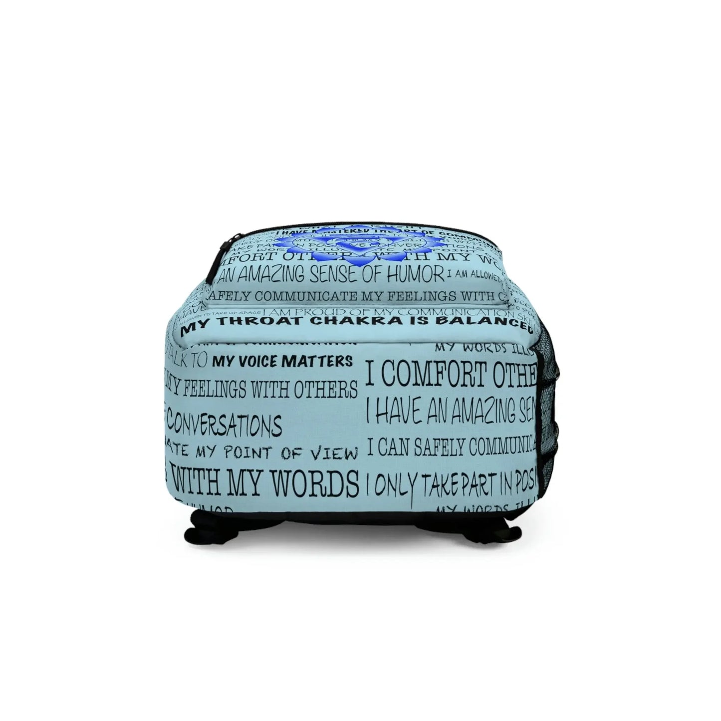 Light blue backpack with throat chakra affirmations and blue symbol, promoting balanced communication and self-expression.