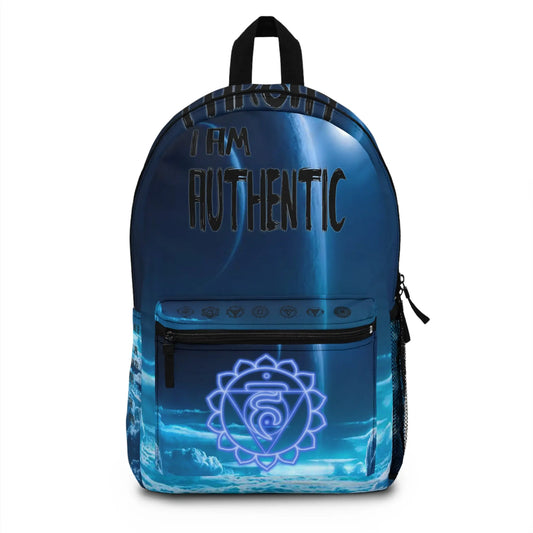 Front View: Blue Throat Chakra Cosmic Backpack - Front view showing the galaxy print and chakra emblem on the pocket.