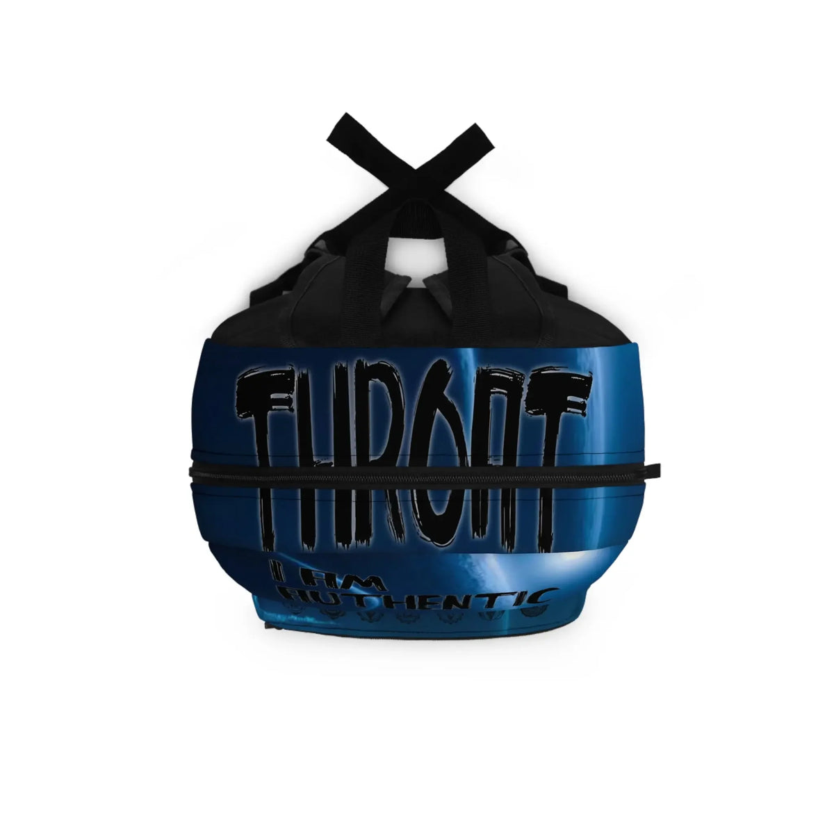 Blue chakra-themed duffel bag with 'THROAT' and 'I AM AUTHENTIC' text, black straps, spiritual wellness gear