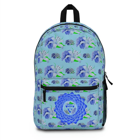 Blue Throat Chakra Backpack - Front view with an all-over tiger lily print and floral chakra emblem on the pocket.