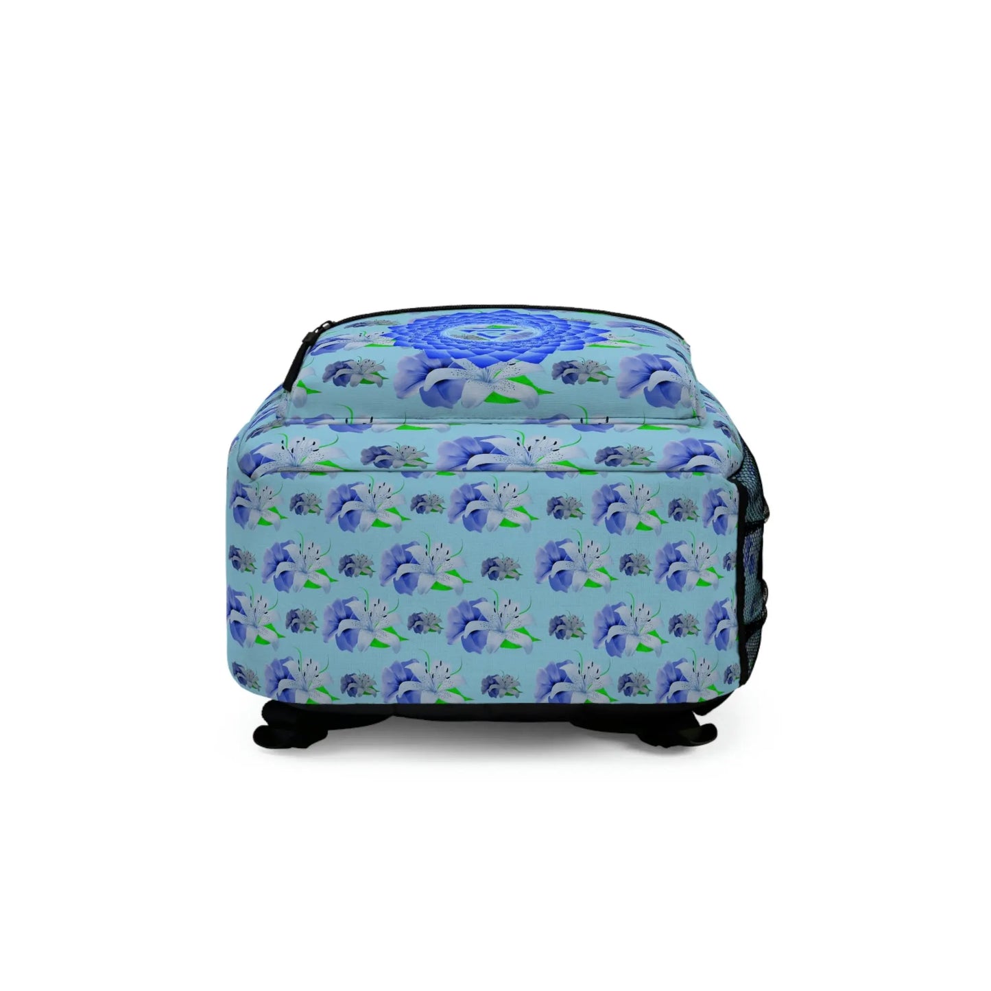 Bottom view of the blue Throat Chakra Backpack, showing the durable base construction.