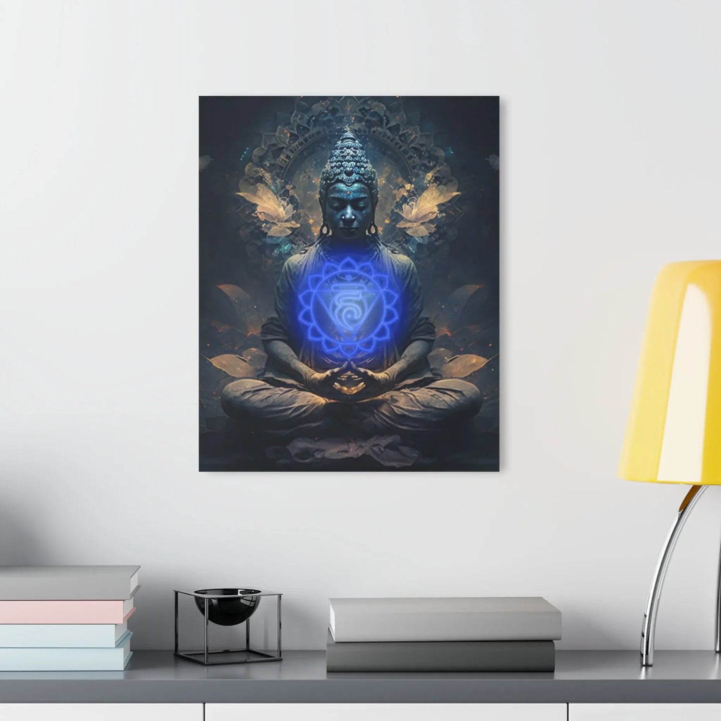 Meditating Buddha with glowing blue chakra, spiritual wall art for mindfulness and energy healing