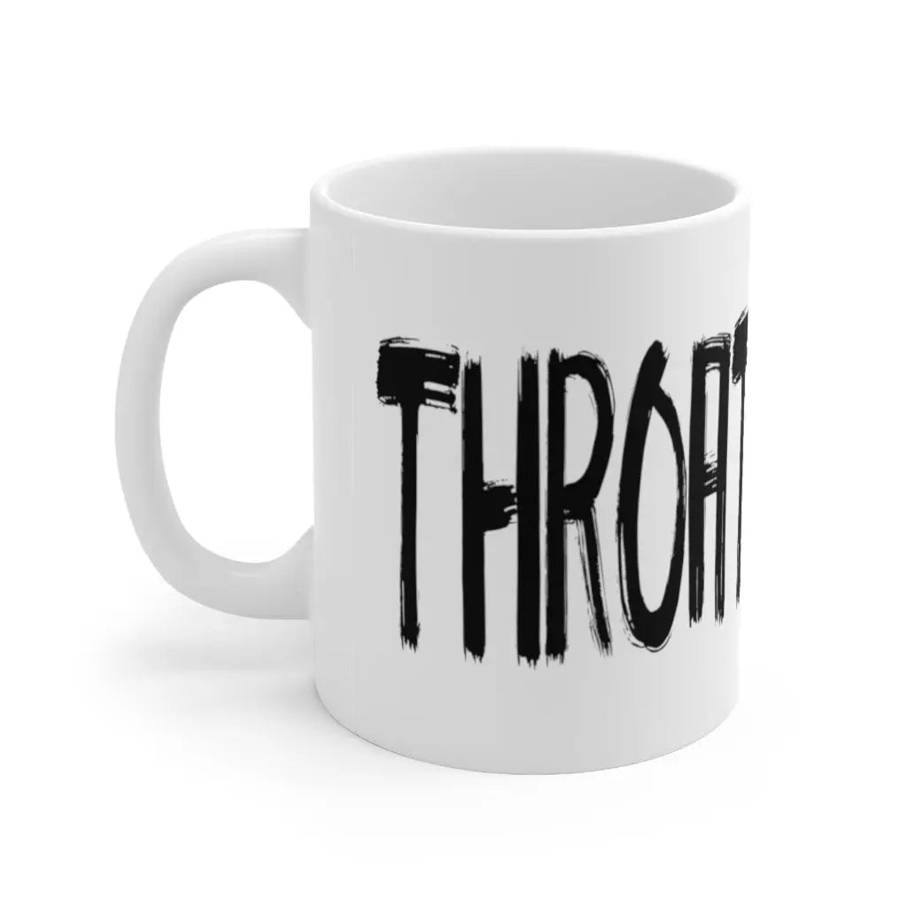 Throat Chakra Mug - Right side with "THROAT" text, clean white background.