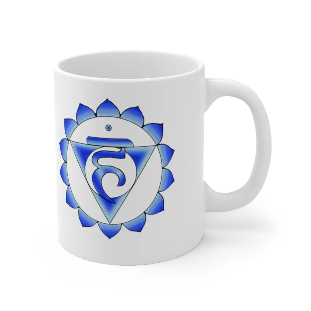Throat Chakra Mug - Left side with the blue Throat Chakra symbol, clean white background.