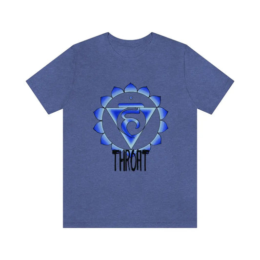 Throat Chakra T-Shirt in blue on a flat background, showcasing the vibrant Vishuddha symbol.